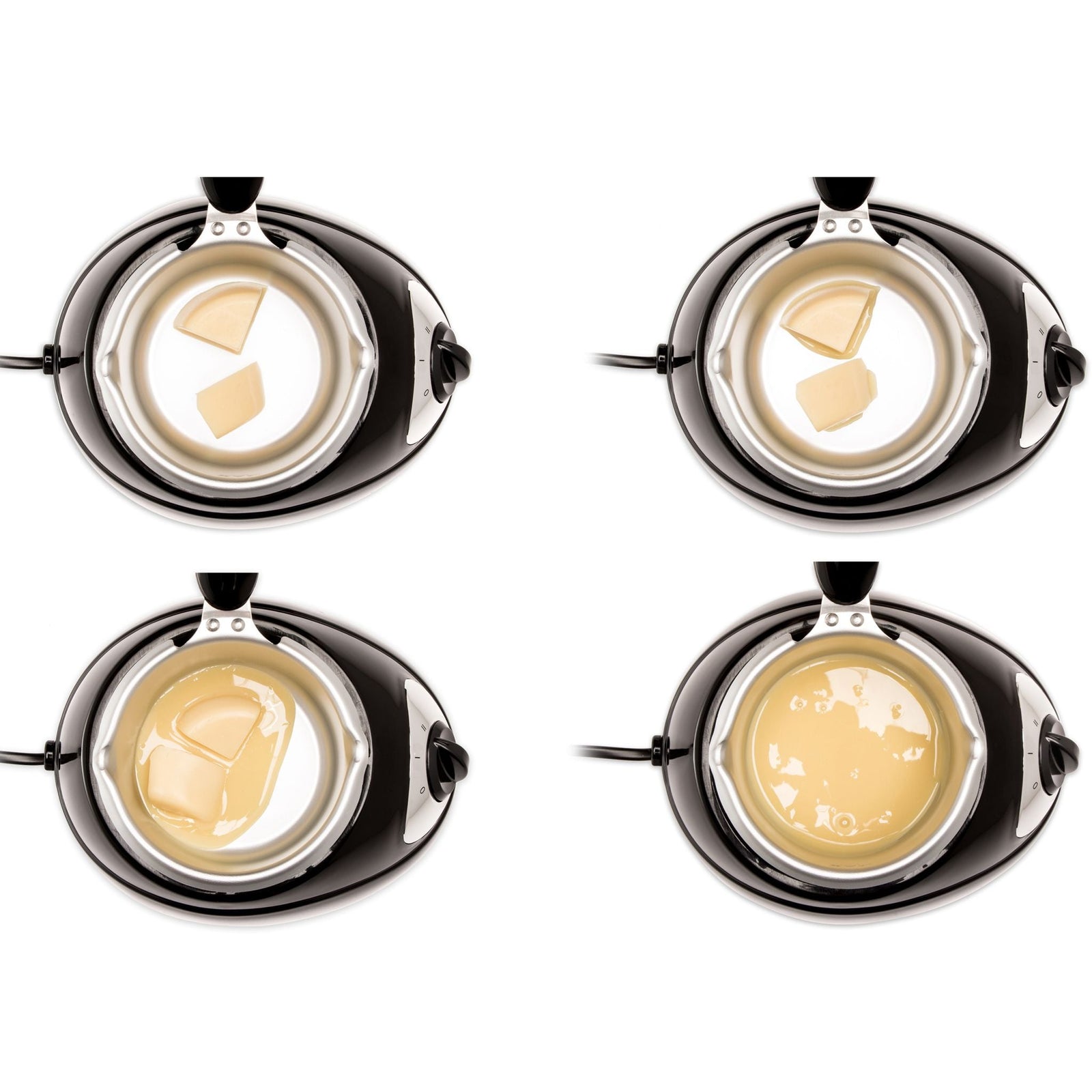 series of images of wax heater pot with wax in showing the stages of the melting process form hard to melted wax