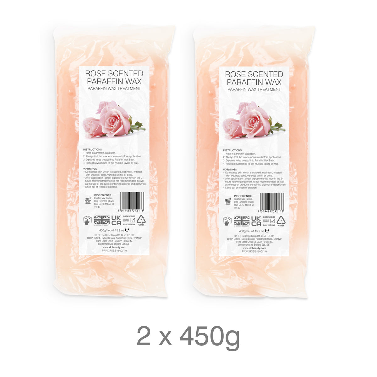 Two packs of Rio paraffin wax (rose-scented, 450g each) in clear packaging with rose-image labels. Perfect for use with your Rio Paraffin Wax Heater to boost comfort and hydrate skin. Text reads: 2 x 450g.