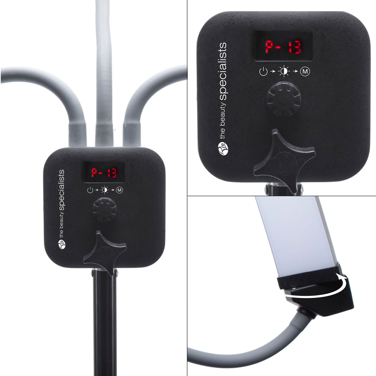 A close-up of the Rio Professional Twin LED Strip Lights’ black control panel with digital display and dials, mounted on a ring light stand—perfect for makeup artists and content creation, plus a view of the rectangular LED strip light attachment.