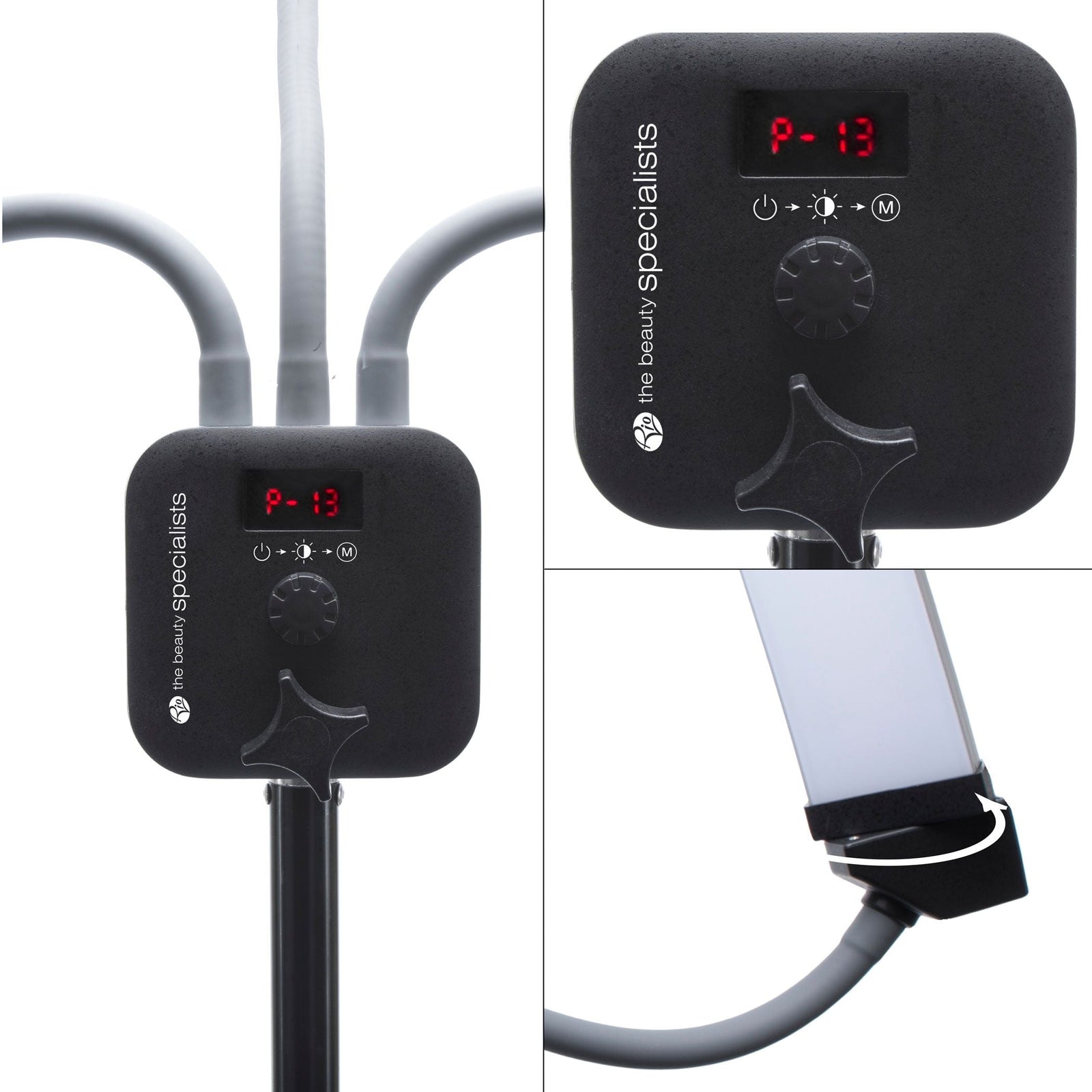 A close-up of the Rio Professional Twin LED Strip Lights’ black control panel with digital display and dials, mounted on a ring light stand—perfect for makeup artists and content creation, plus a view of the rectangular LED strip light attachment.