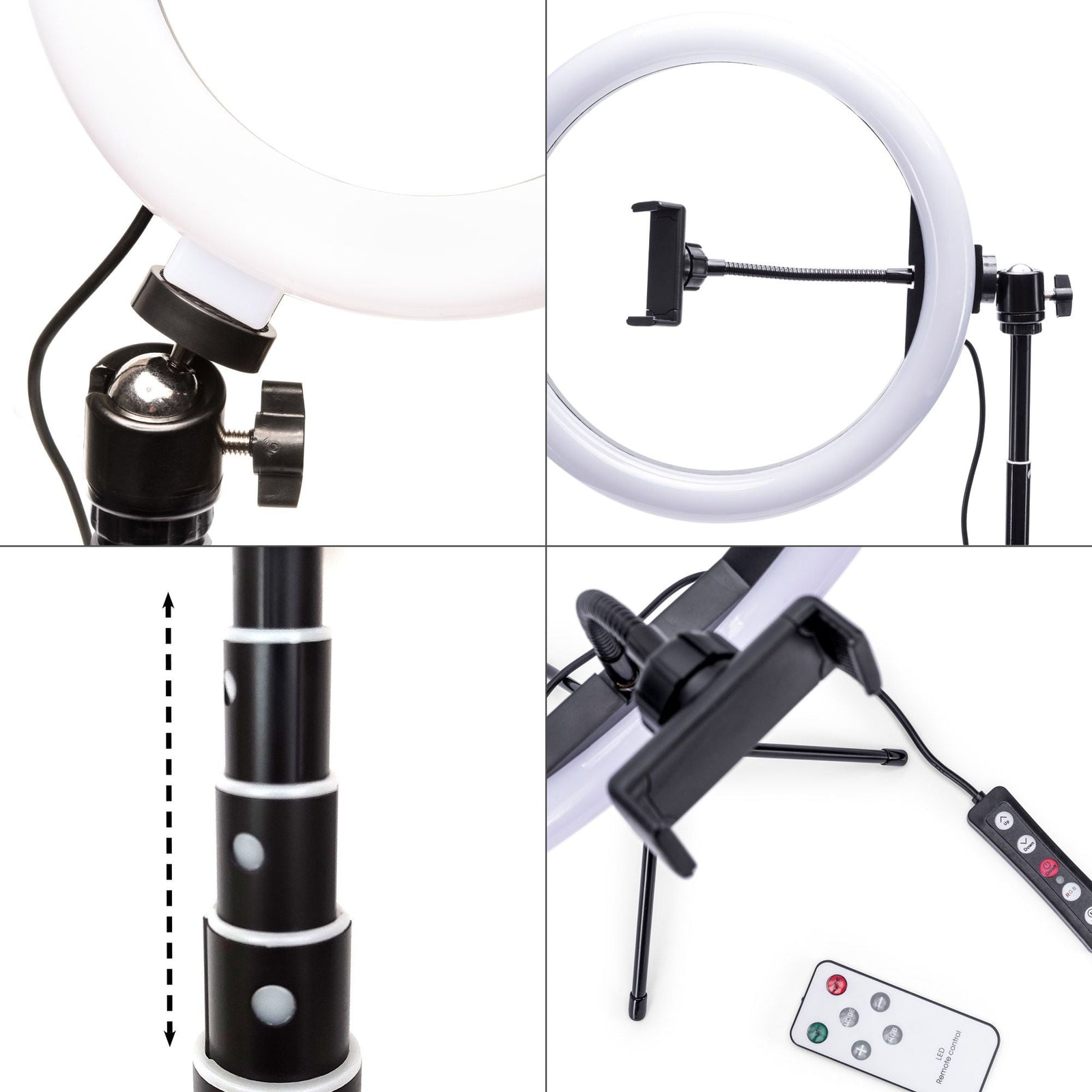 Collage of the Rio Studio RGB Beauty Ring Light: features adjustable head, center phone holder, extendable tripod with height markers, and close-up of ring light controls and remote—ideal for capturing vibrant colour.