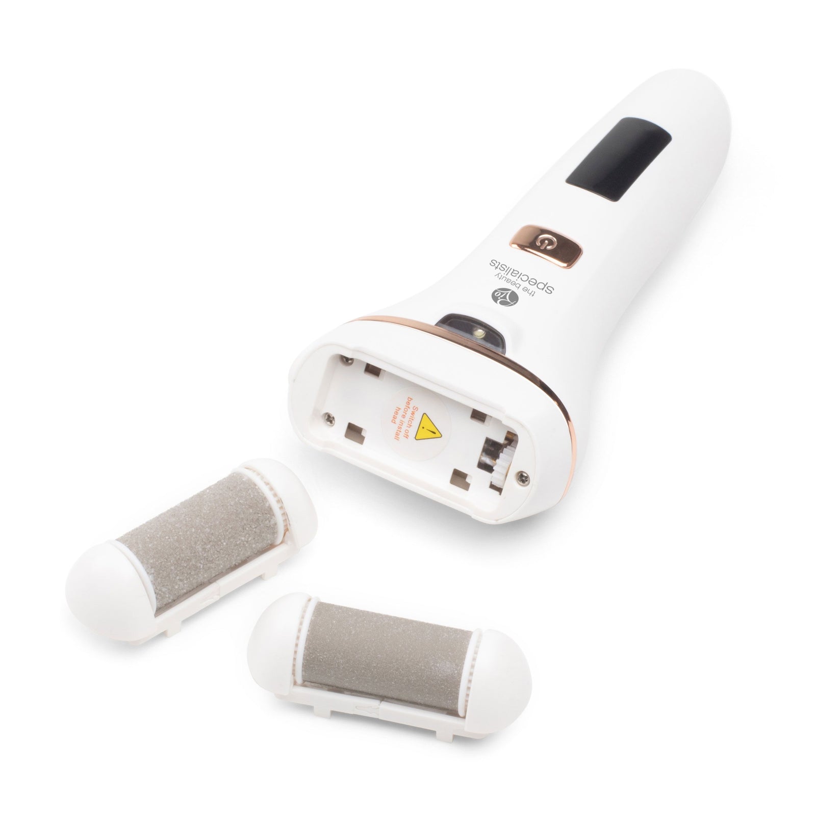 The image shows the Rio Go Smooth 60 Second Pedi with a white body, black display panel, and two detachable Replacement Gentle Rollers; its roller compartment is open to reveal the battery contacts inside.