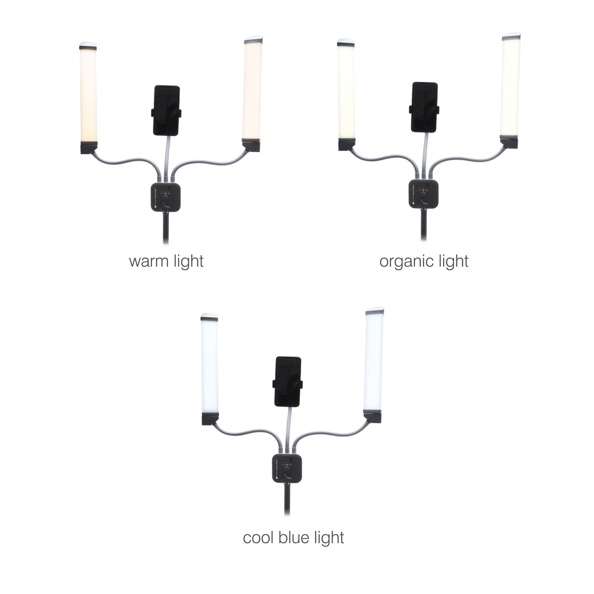 Three identical Rio Professional Twin LED Strip Lights are shown with different lighting modes: warm light (top left), organic light (top right), and cool blue LED strip light (bottom center). Labels appear below each fixture.