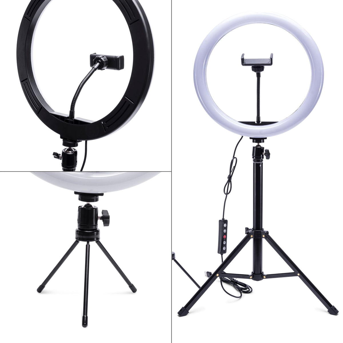 A color photography collage features the Rio Studio RGB Beauty Ring Light with its adjustable tripod stand, center phone holder, and wired remote. Close-up shots highlight the tripod legs and phone holder attachment in vivid detail.