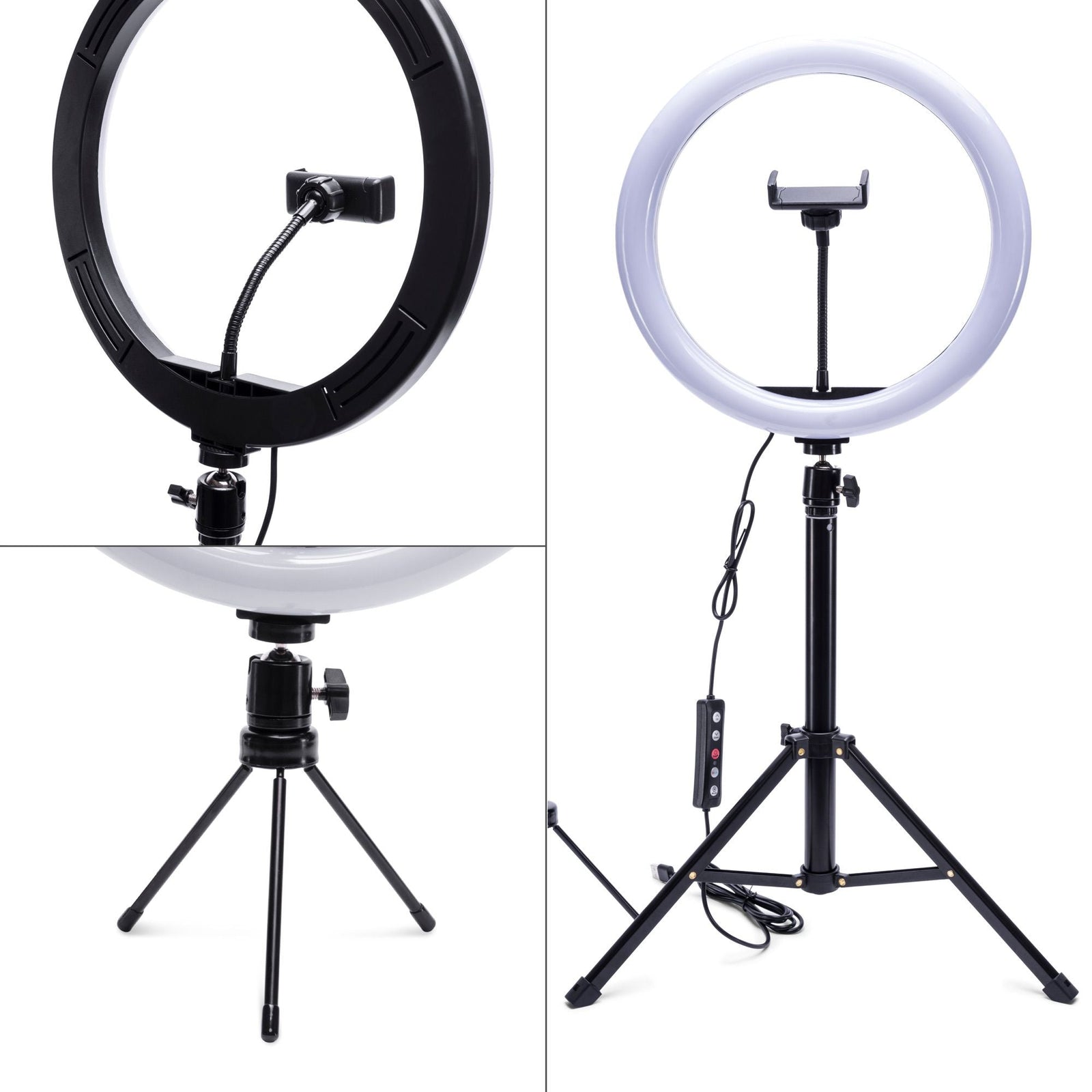 A color photography collage features the Rio Studio RGB Beauty Ring Light with its adjustable tripod stand, center phone holder, and wired remote. Close-up shots highlight the tripod legs and phone holder attachment in vivid detail.