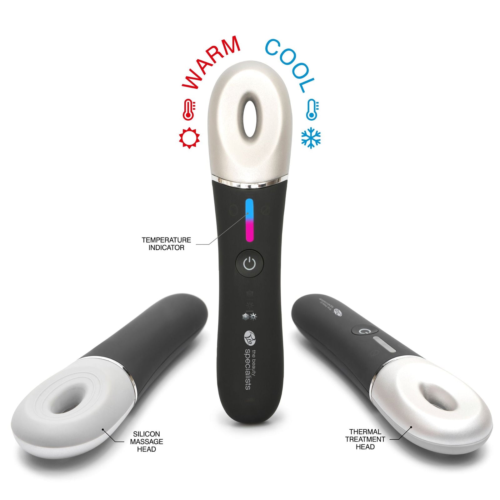 The Rio Revive & Refresh is a black handheld device with a circular silicone massage head, temperature indicator, and buttons. Labels highlight warm and cool features for soothing or refreshing skin with thermal treatment.