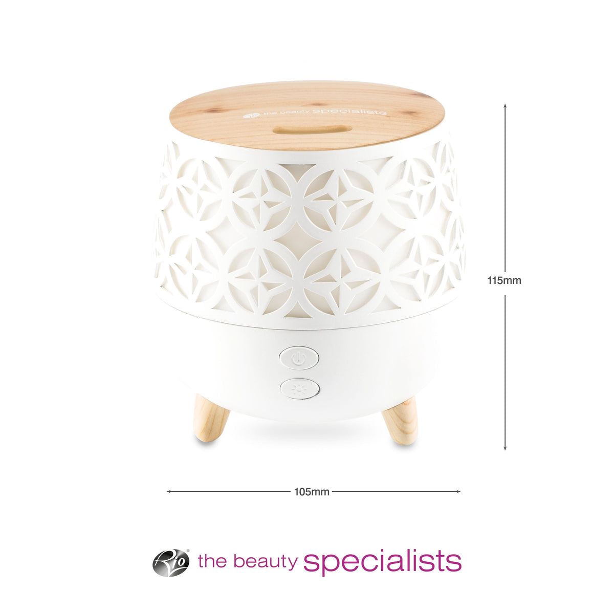 The Rio TALIA Aroma Diffuser, Humidifier & Night-Light features a white and wood design with decorative cut-outs on three wooden legs, measures 115mm tall by 105mm wide, displays the Beauty Specialists logo, and doubles as a stylish night-light.