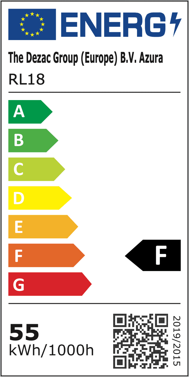 EU energy label for Rio Professional Makeup & Vlogging 18-inch (45cm) Dimmable LED Ring Light. Features A–G color bars, black arrow at F, uses 55 kWh/1000h, and includes a QR code at the bottom right. Ideal for studio lighting.