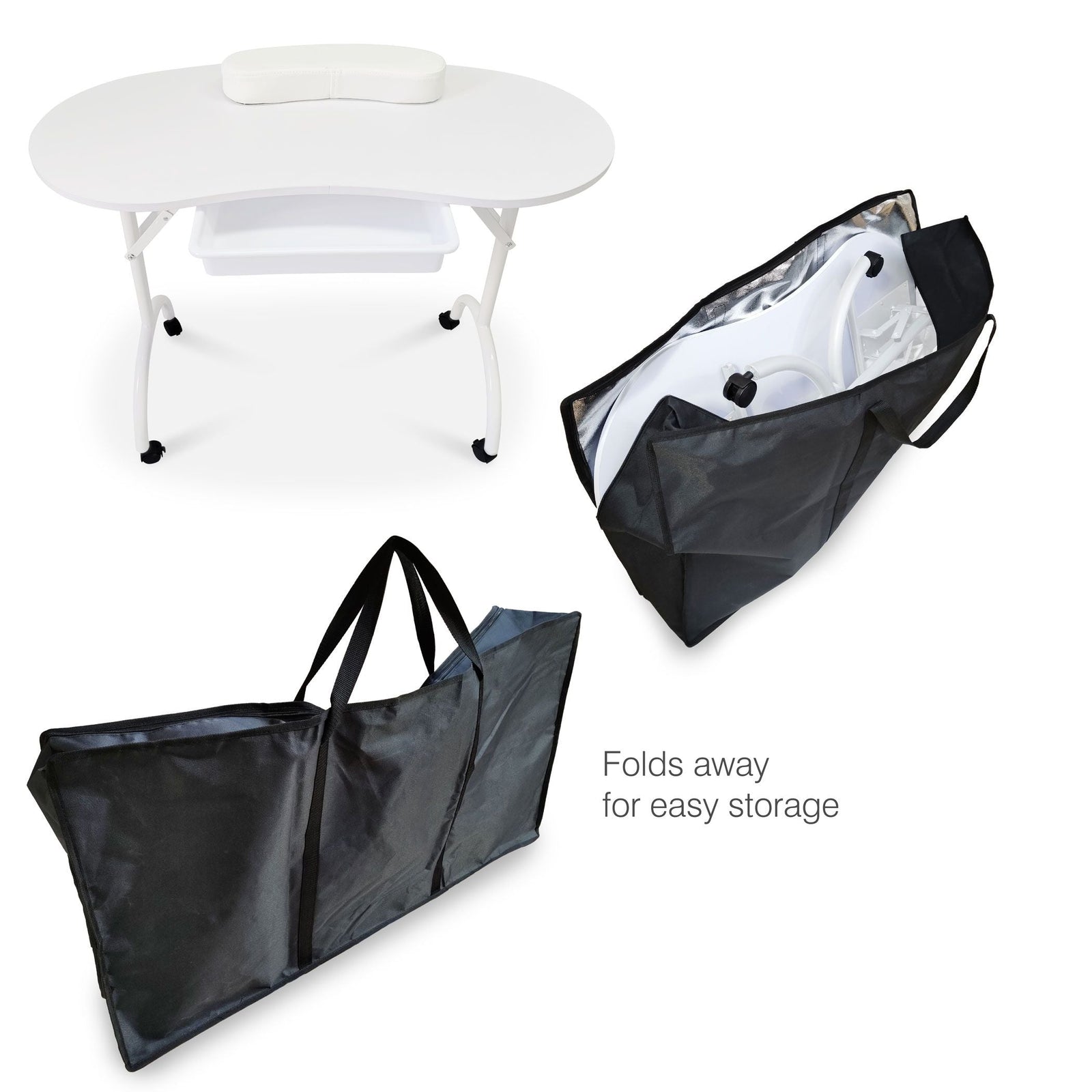 The Rio Professional Manicure & Nail Beauticians Table is displayed set up, partially folded, and fully stored in a large black carrying bag. This table folds for easy storage––ideal for any nail professional.