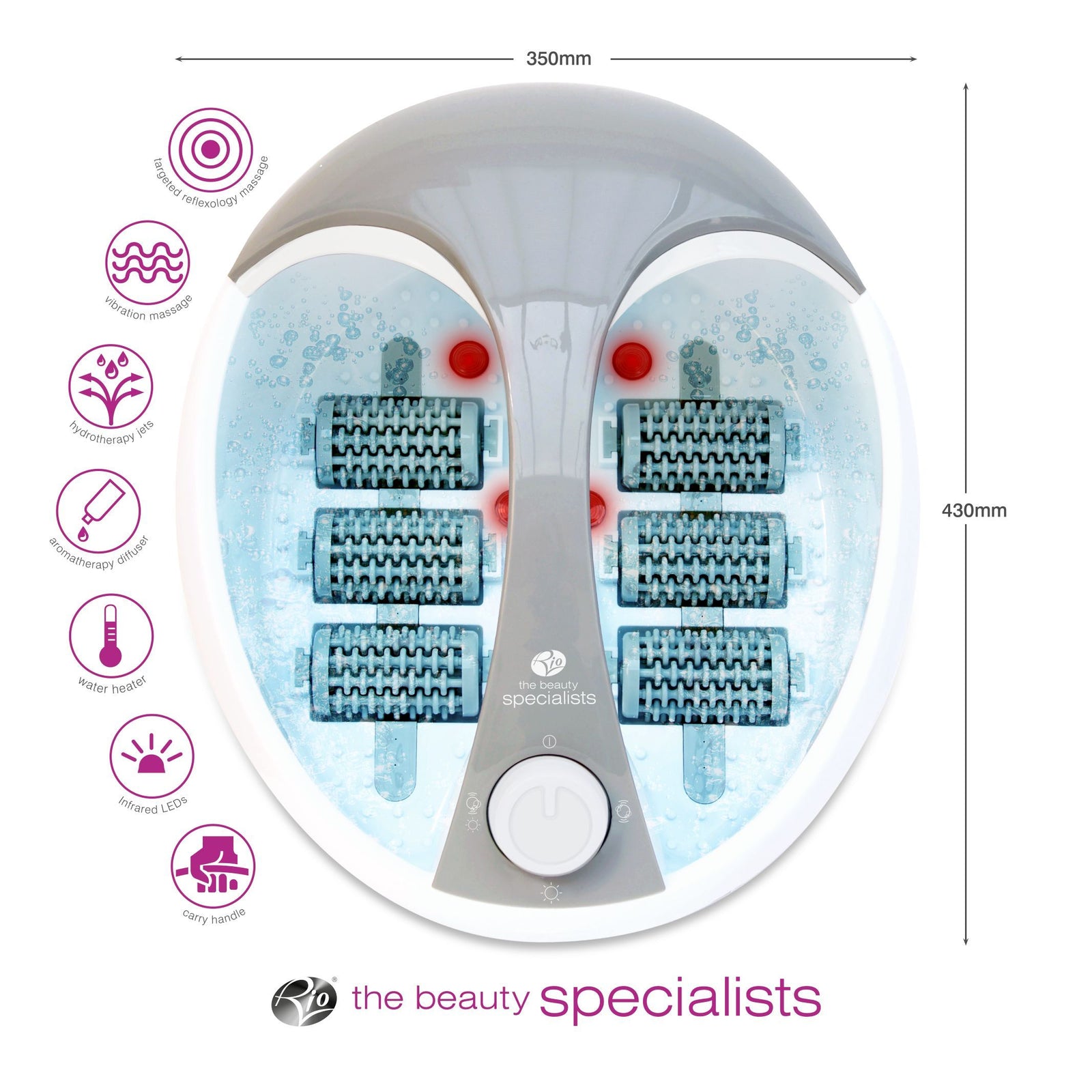 Deluxe Foot Spa with dimensions - 350mm wide by 430mm long.  Icons relating to the product are also shown.
