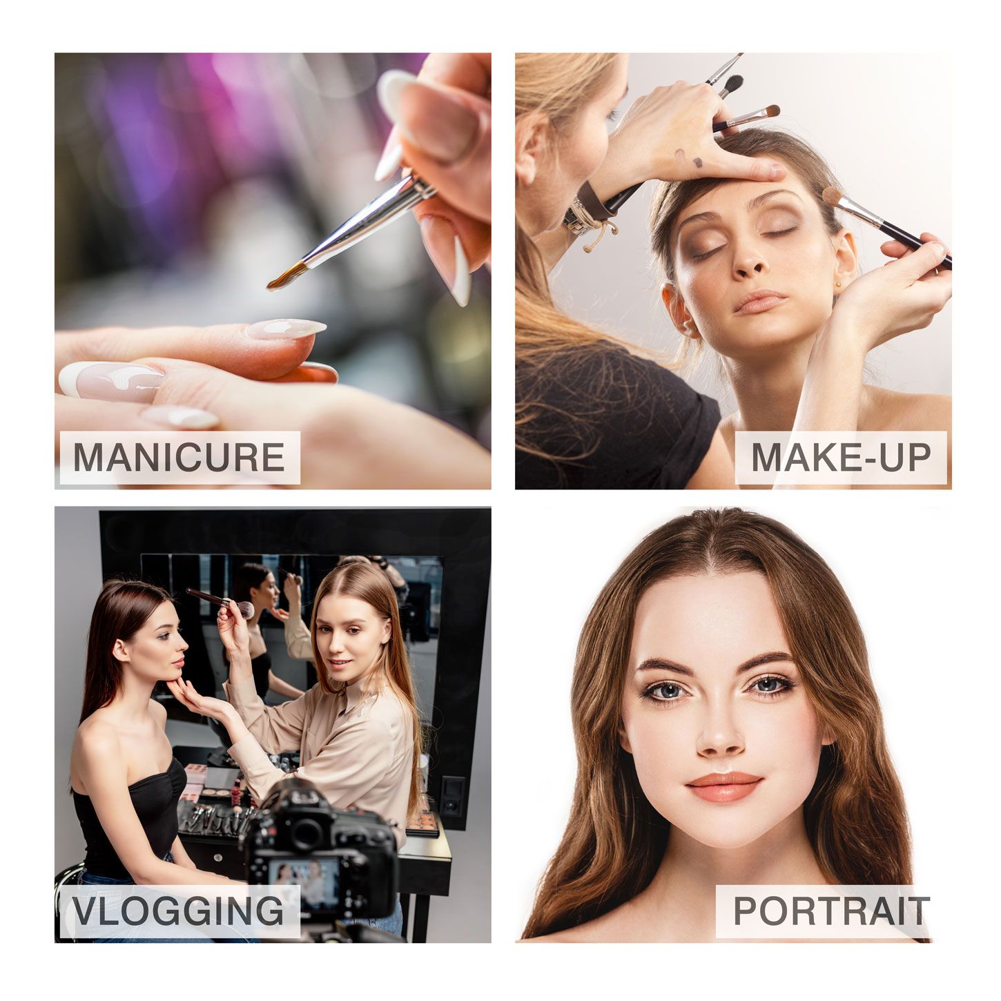 A collage shows a hand manicure, a woman getting makeup, two artists filming a tutorial beneath Rio Professional Twin LED Strip Lights, and a close-up portrait. Labels read: “MANICURE,” “MAKE-UP,” “VLOGGING,” and “PORTRAIT.”.