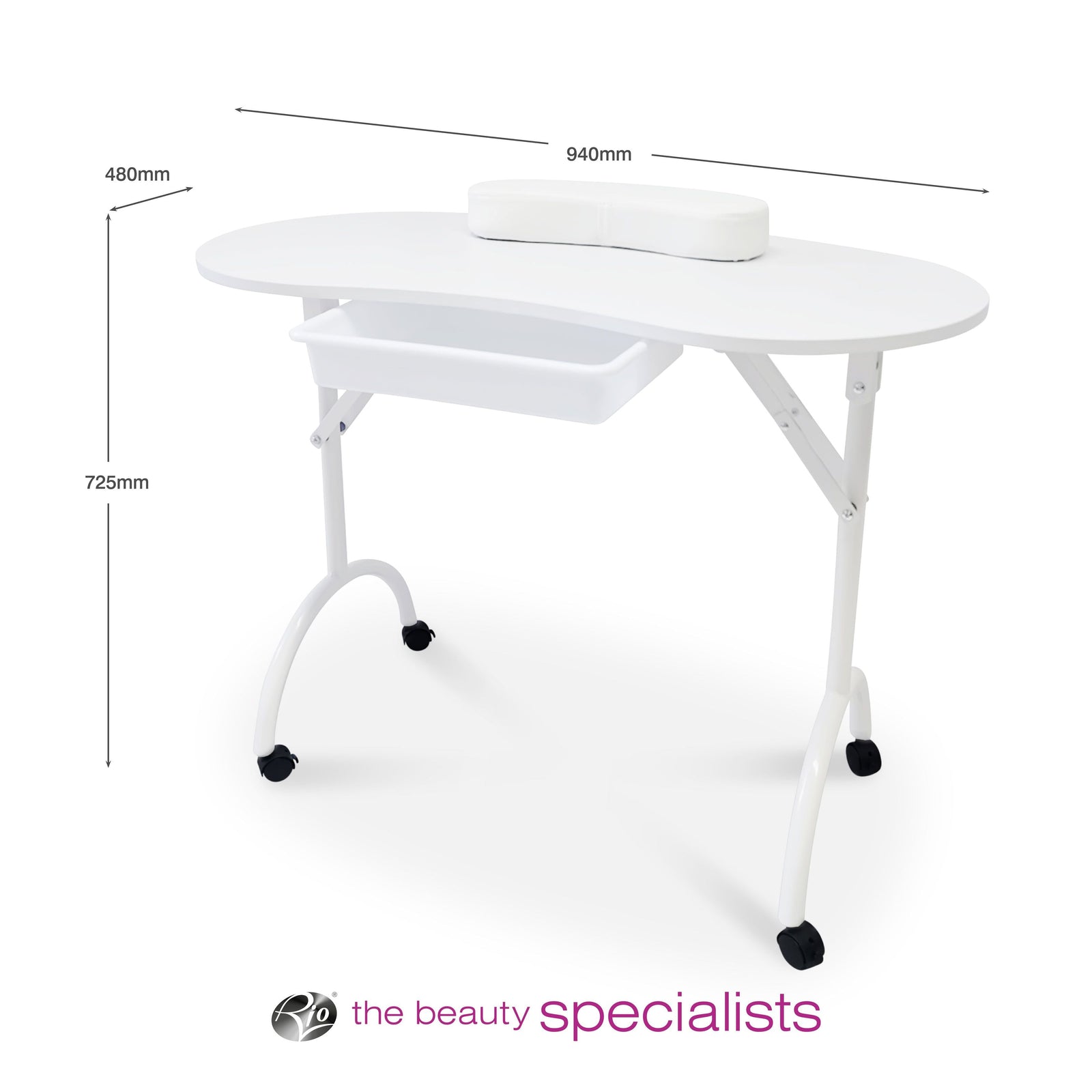 The Rio Professional Manicure & Nail Beauticians Table features a curved top, armrest cushion, pull-out tray, and wheels—perfect for pros. Dimensions: 940mm x 480mm x 725mm. The Beauty Specialists logo appears at the bottom.
