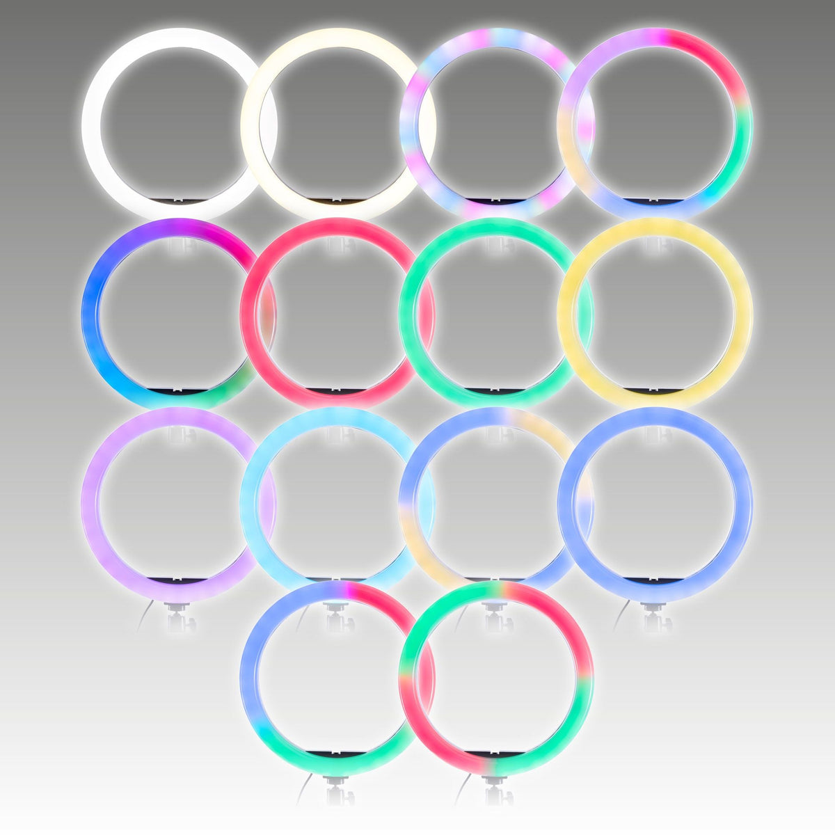 Fourteen Rio Studio RGB Beauty Ring Lights form a triangle, displaying vivid shades of white, pink, red, yellow, blue, purple, and green. Each ring shines with colorful patterns against a sleek gray gradient background.