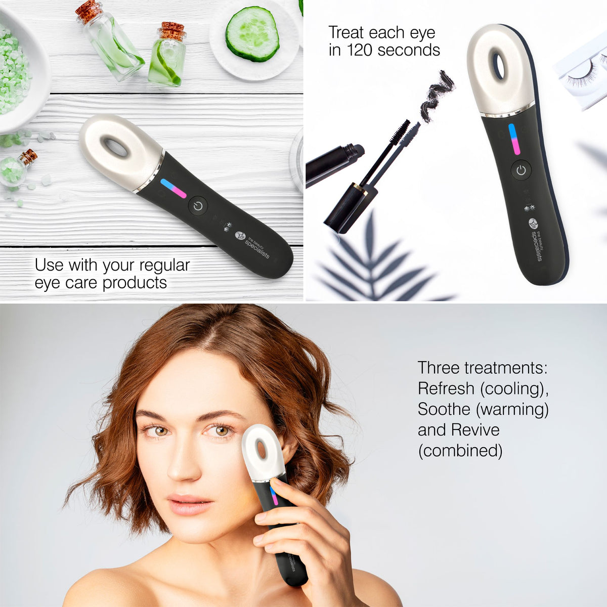 A woman uses the black Rio Revive & Refresh handheld beauty device on her face. Designed to brighten and refresh the eye area, it offers three treatments—Refresh, Soothe, and Revive—and is used with eye care products for 120 seconds per eye.
