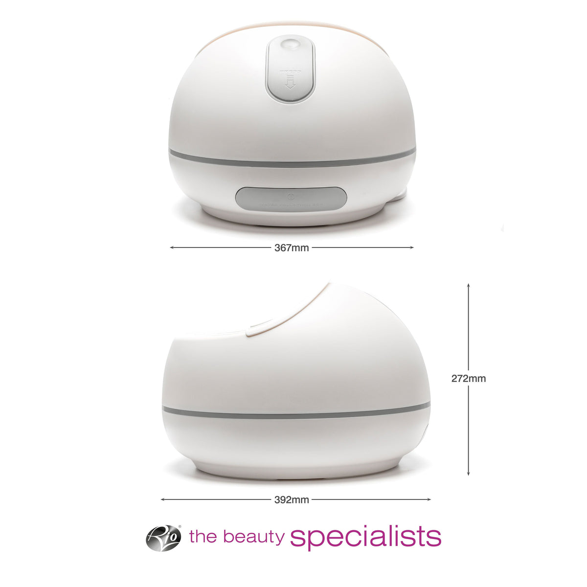 steam foot spa with arrows labelling height 272mm, width 367mm and depth 392mm