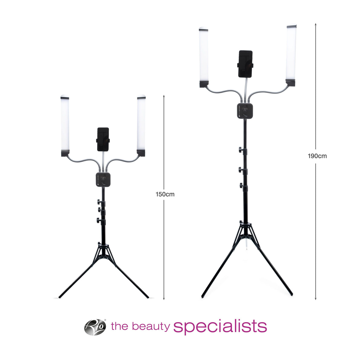 Two Rio Professional Twin LED Strip Lights with phone holders on tripods, shown at heights of 150cm and 190cm, are ideal for makeup artists and content creators. The beauty specialists logo appears at the bottom of the image.