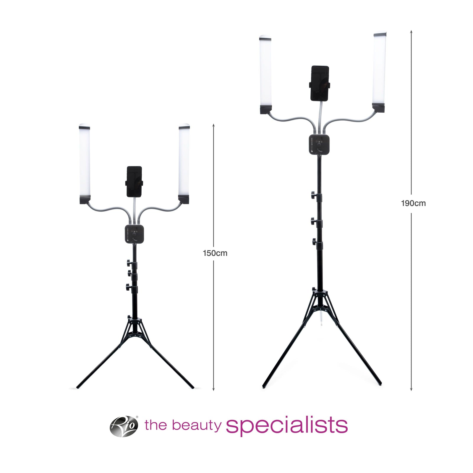 Two Rio Professional Twin LED Strip Lights with phone holders on tripods, shown at heights of 150cm and 190cm, are ideal for makeup artists and content creators. The beauty specialists logo appears at the bottom of the image.