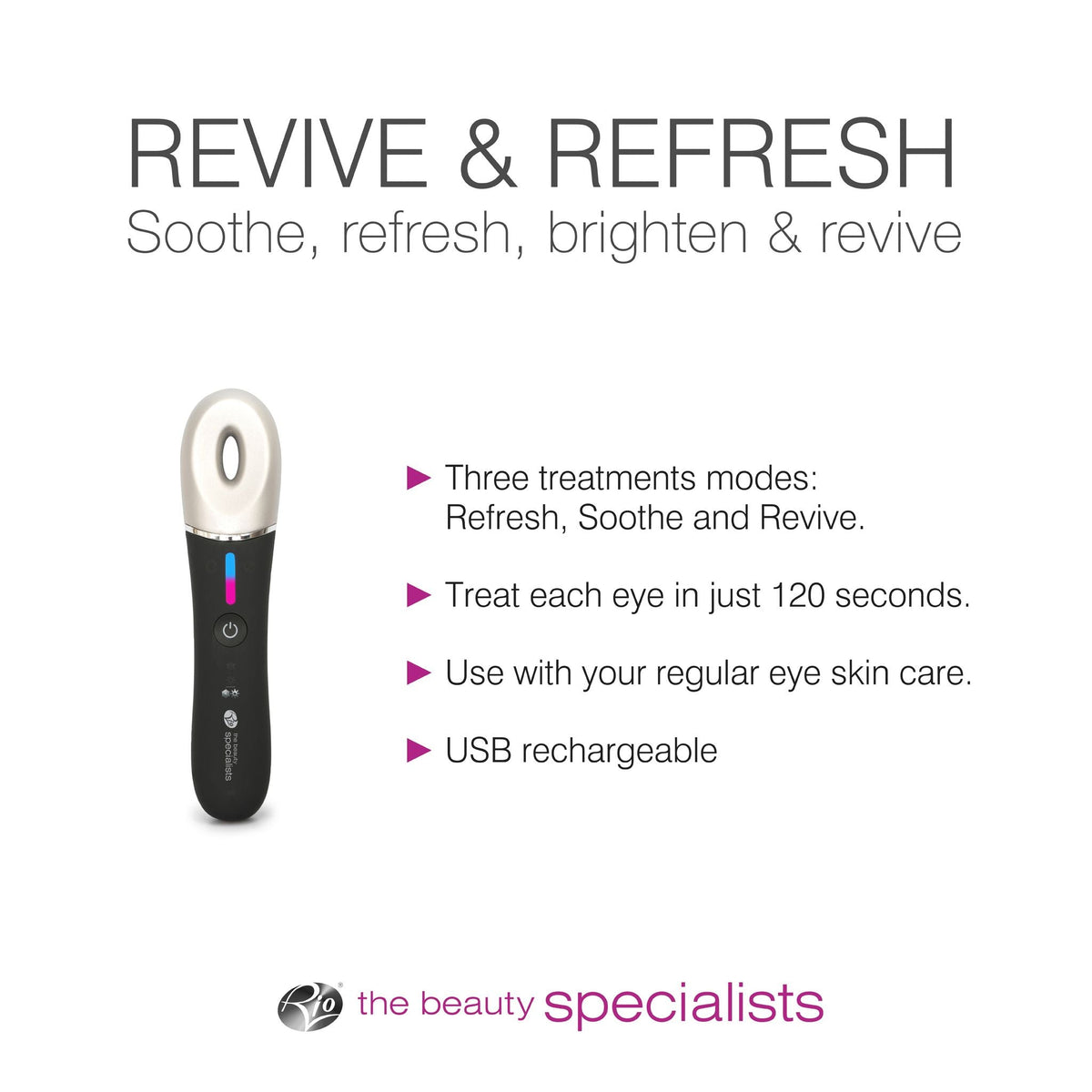 Introducing Rios Revive & Refresh: a sleek black eye-care device with a silver oval top, featuring three soothing modes for tired eyes. Enjoy fast use, skincare compatibility, and convenient USB charging.