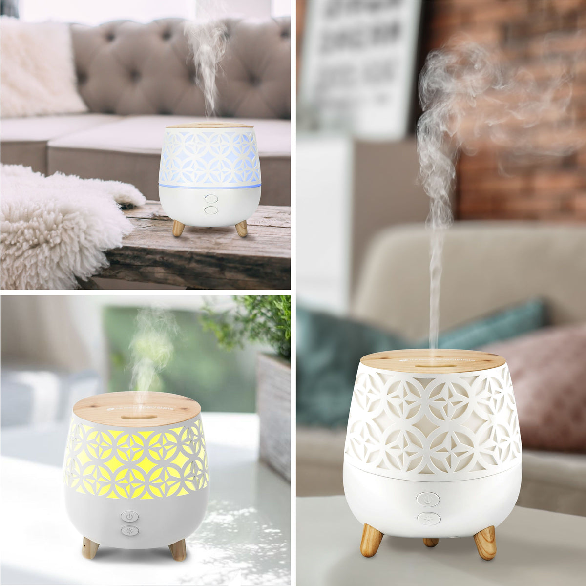 Collage of three photos featuring the Rio TALIA Aroma Diffuser, Humidifier & Night-Light with a geometric cutout design and wooden legs, softly glowing and emitting mist in cozy indoor spaces.