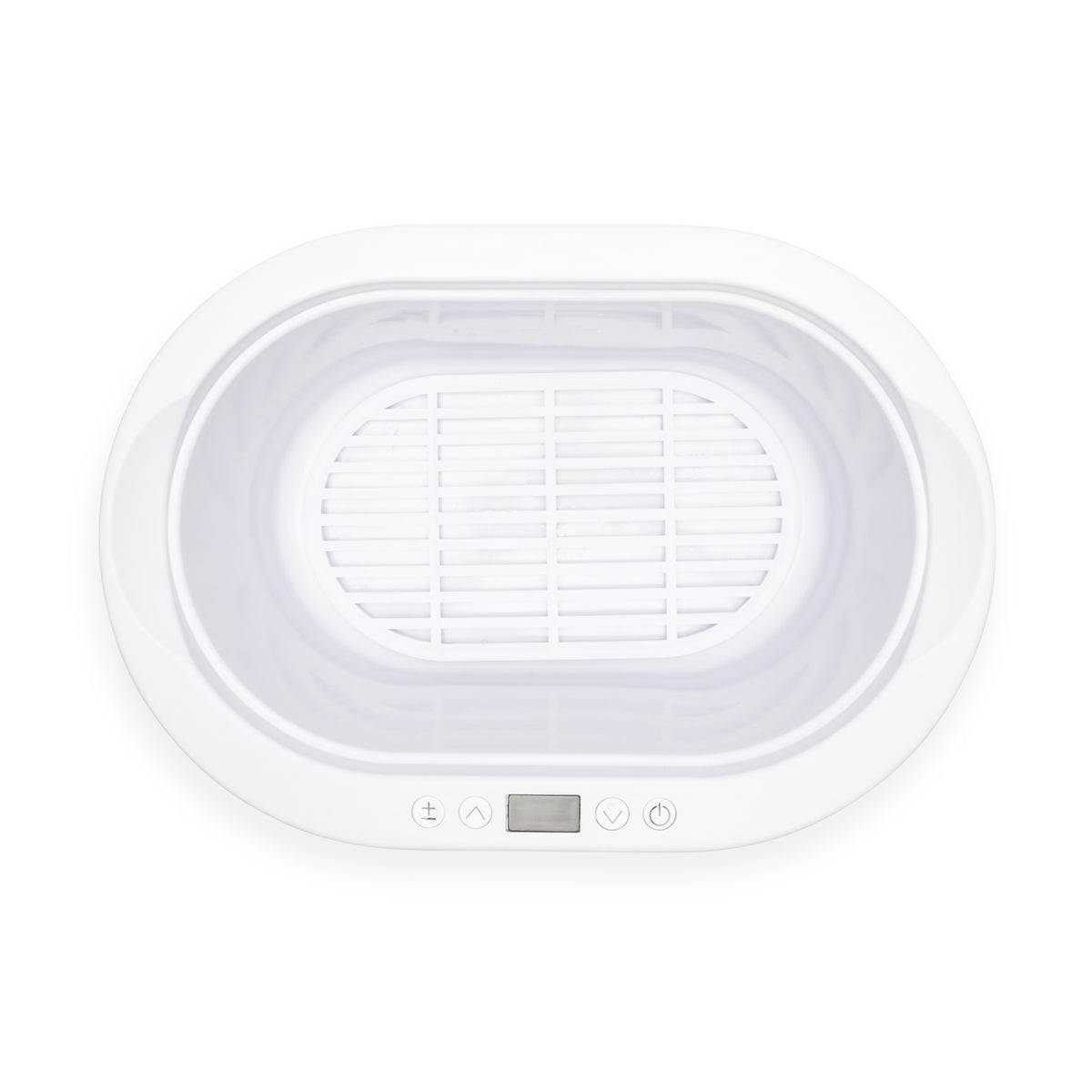 Top view of the Rio Paraffin Wax Heater, featuring a white oval shape, digital display, front control buttons, and removable inner basket—designed to enhance comfort and boost skin hydration.