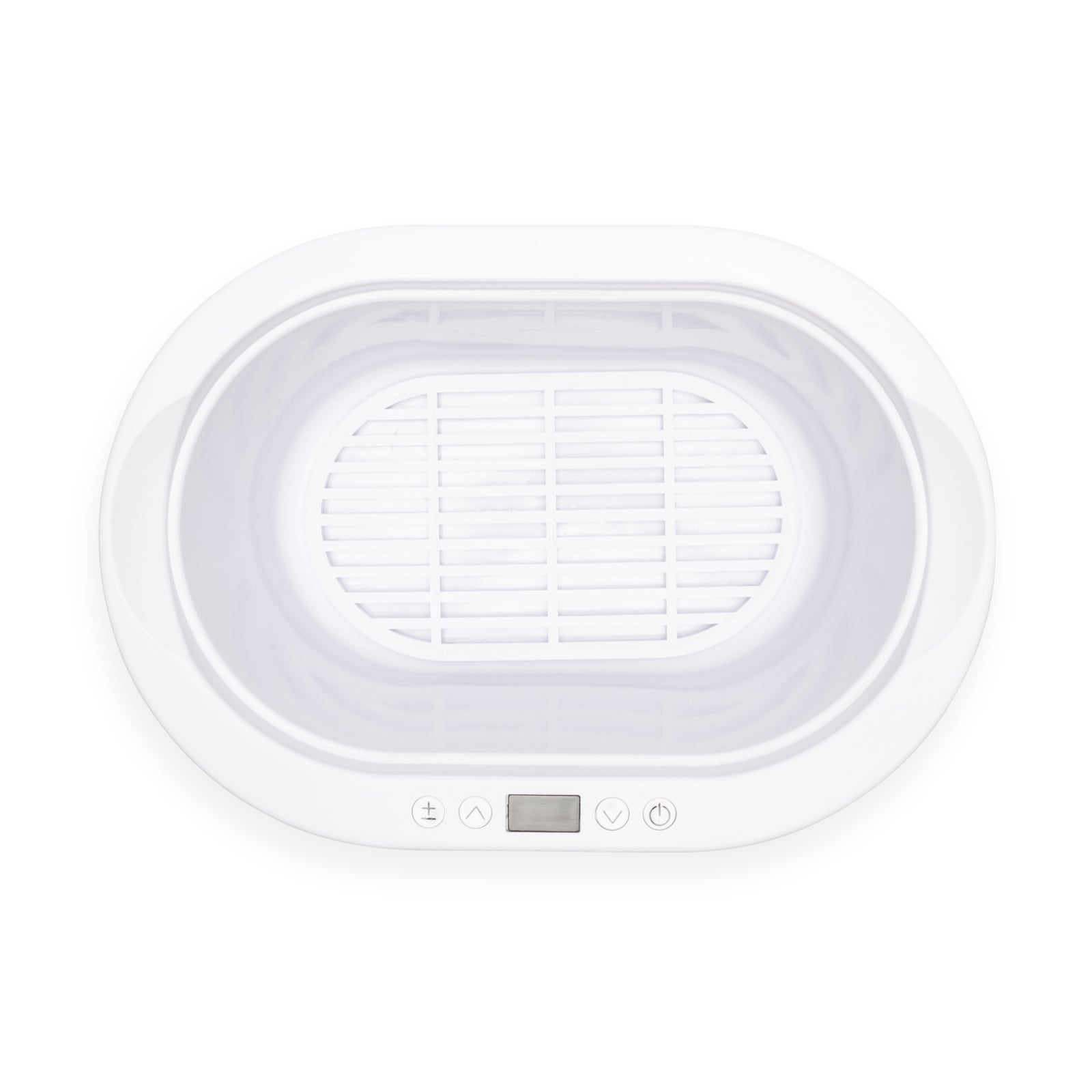 Top view of the Rio Paraffin Wax Heater, featuring a white oval shape, digital display, front control buttons, and removable inner basket—designed to enhance comfort and boost skin hydration.
