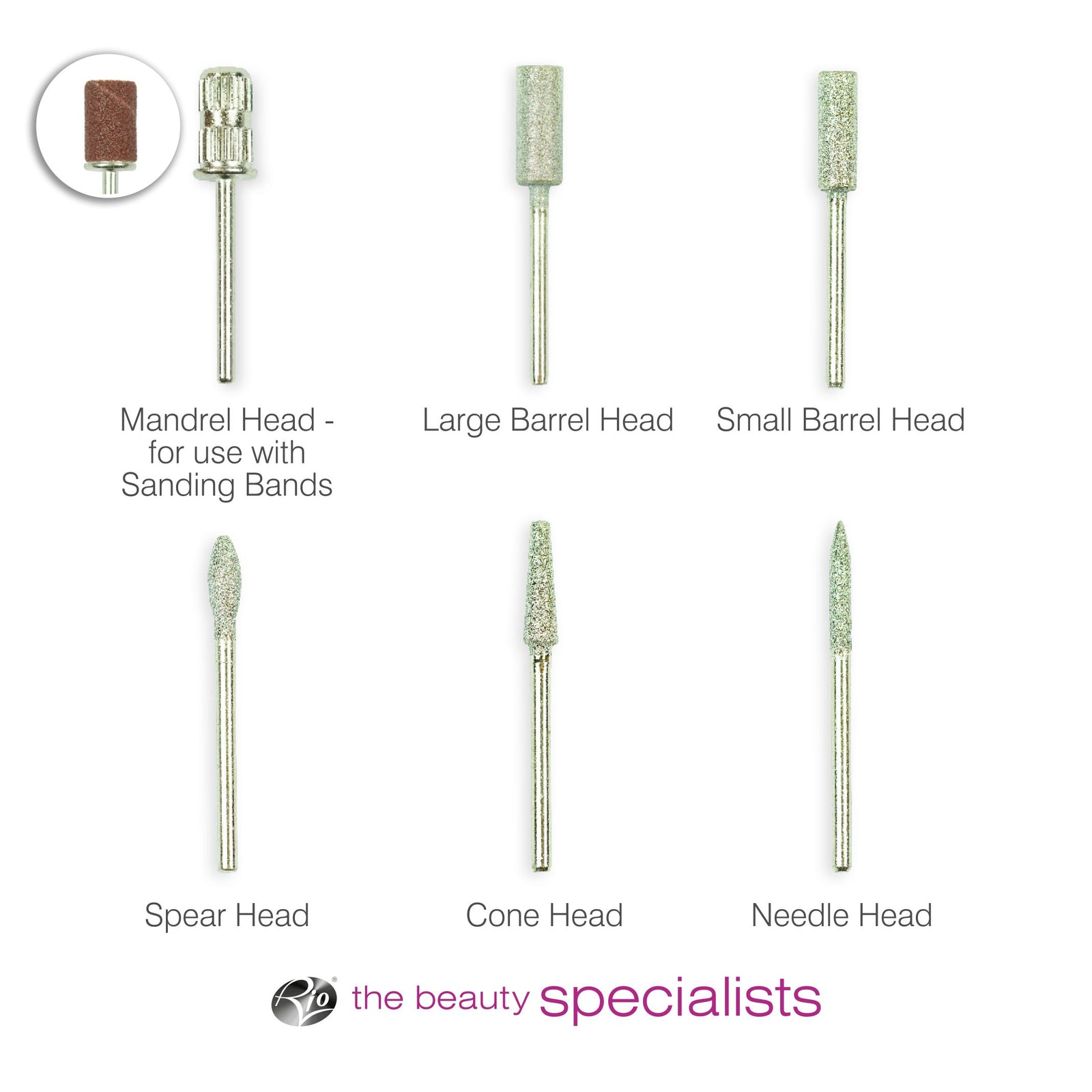 Six labeled drill bits—Mandrel with sanding band, Large Barrel, Small Barrel, Spear, Cone, and Needle—are shown above the Rio logo and text. The Electric Nail File Tool Kit (6pcs) is perfect for any nail file or electric manicure device.