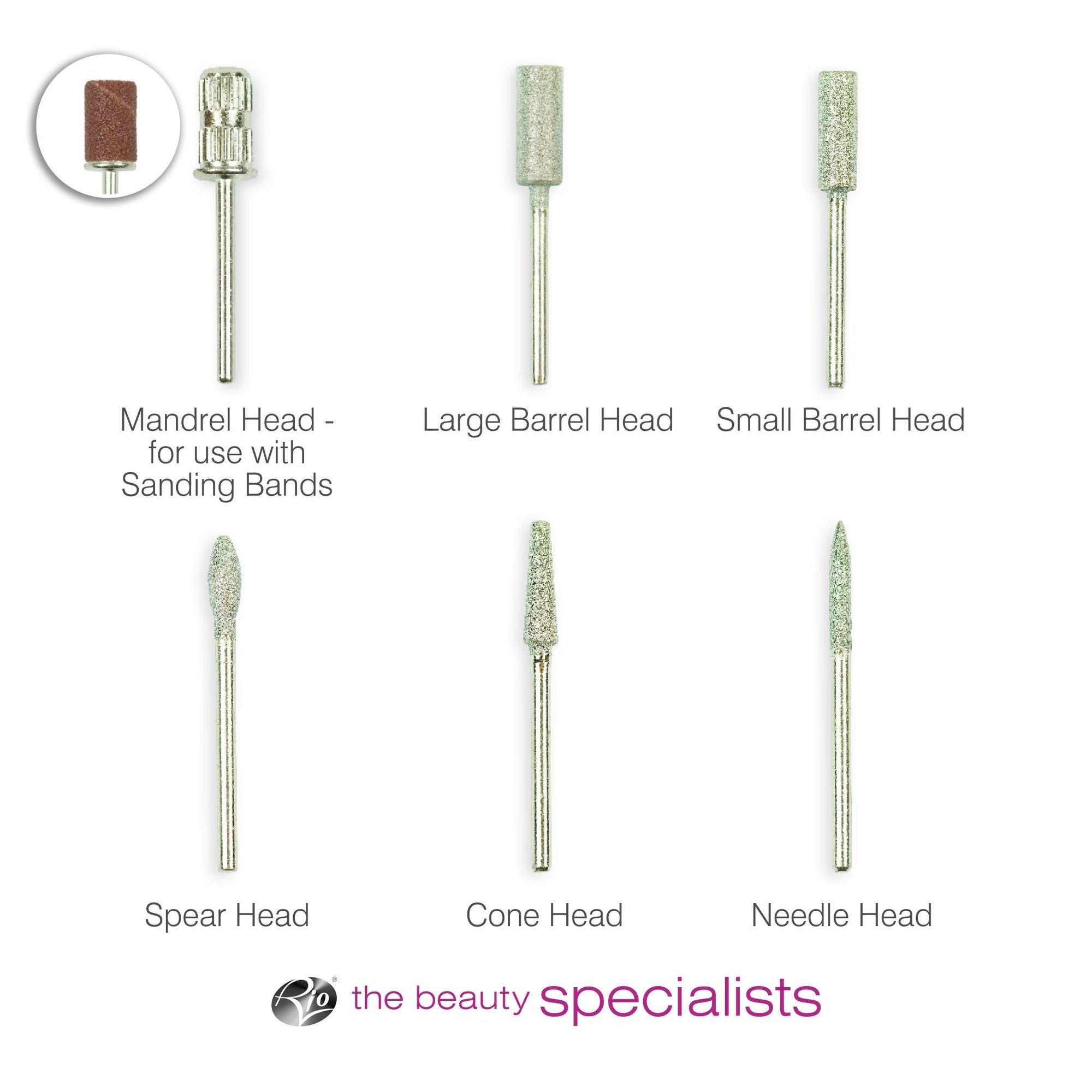 Six labeled drill bits—Mandrel with sanding band, Large Barrel, Small Barrel, Spear, Cone, and Needle—are shown above the Rio logo and text. The Electric Nail File Tool Kit (6pcs) is perfect for any nail file or electric manicure device.