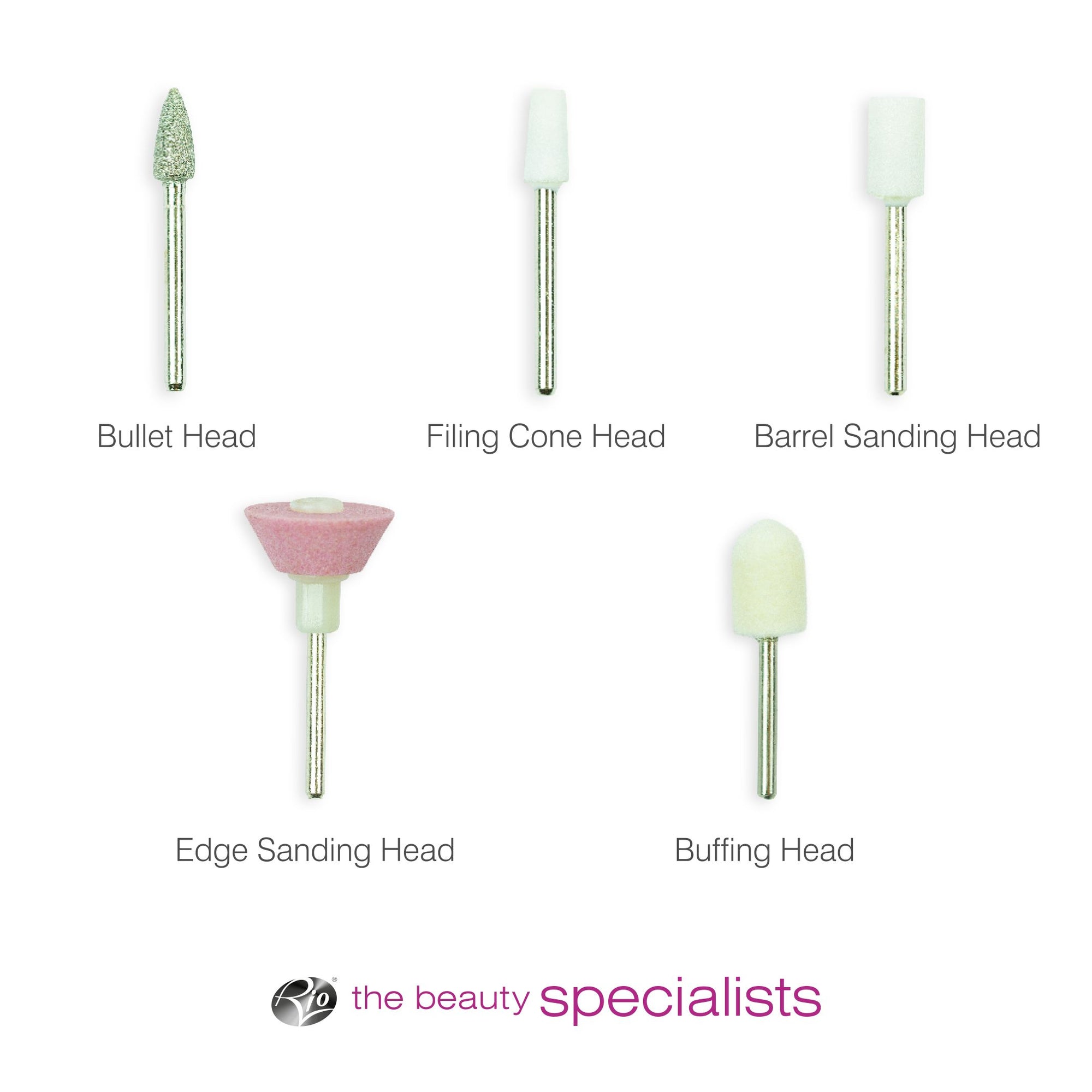 The Rio Electric Nail File Tool Kit (5pcs) includes Bullet Head, Filing Cone Head, Barrel Sanding Head, Edge Sanding Head (pink), and Buffing Head—each with a metal shaft and unique tip design, essential for any nail care routine.