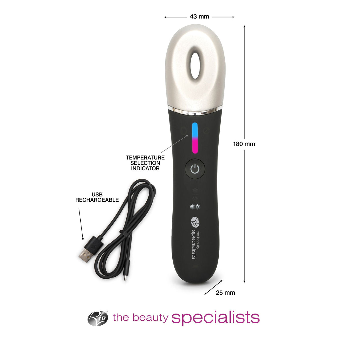 The Rio Revive & Refresh is an electronic beauty device with a black body, silver oval head, power/temperature buttons, indicator lights, USB charging cable, and measures 180 x 43 x 25 mm—designed to soothe and refresh your skin.