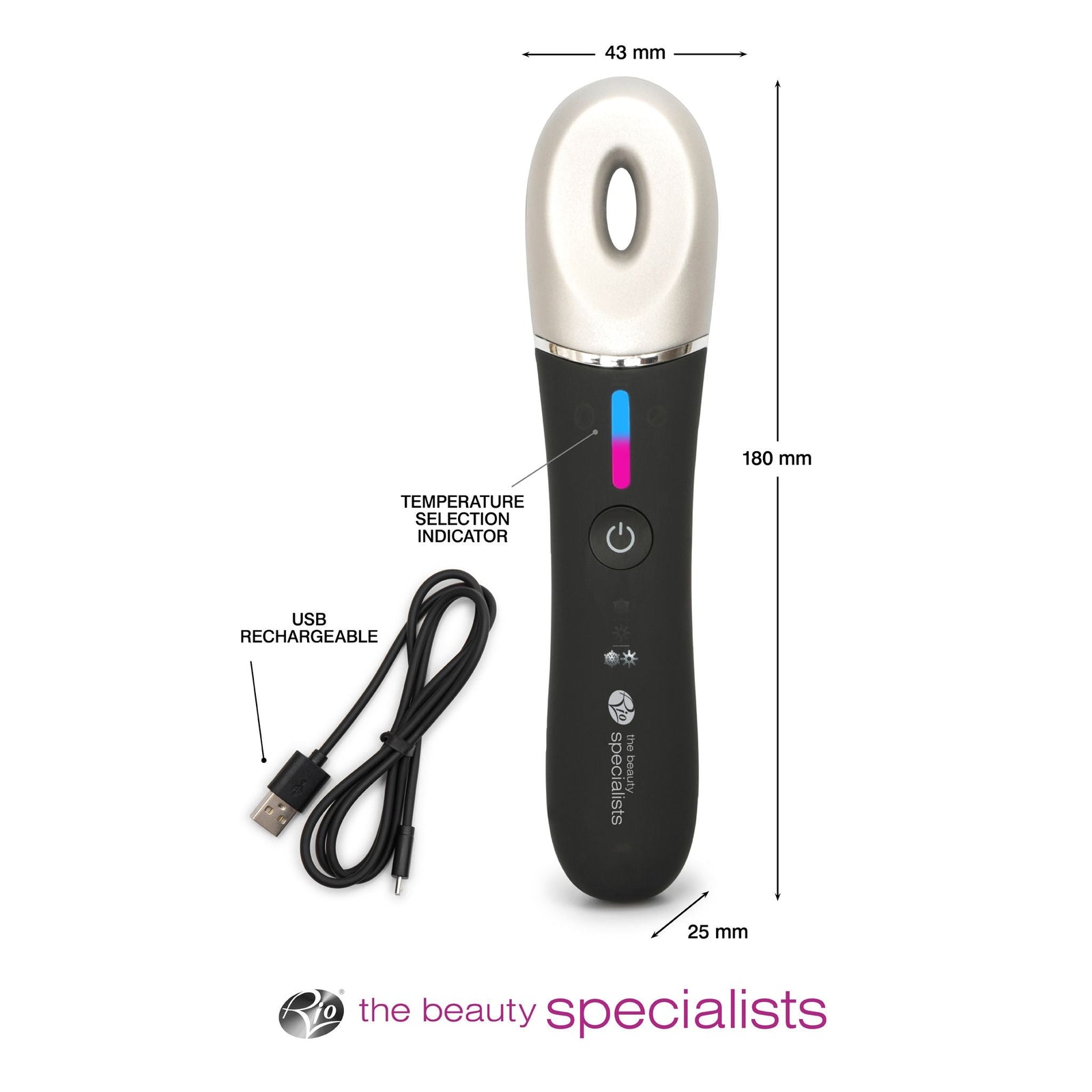 The Rio Revive & Refresh is an electronic beauty device with a black body, silver oval head, power/temperature buttons, indicator lights, USB charging cable, and measures 180 x 43 x 25 mm—designed to soothe and refresh your skin.