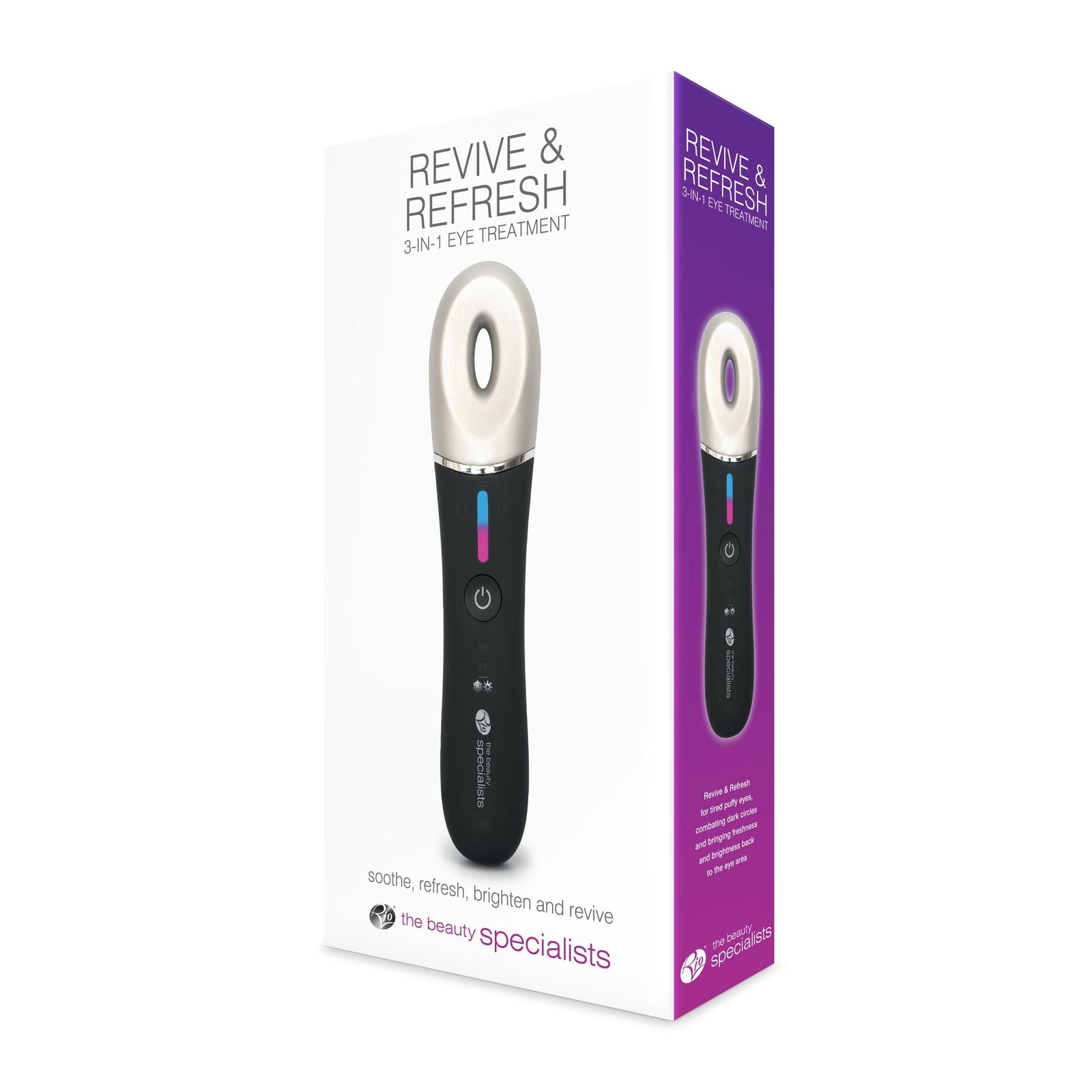 A white box with purple accents for Rios Revive & Refresh displays a black handheld device with a metallic, oval tip, promising to soothe and brighten tired eyes.