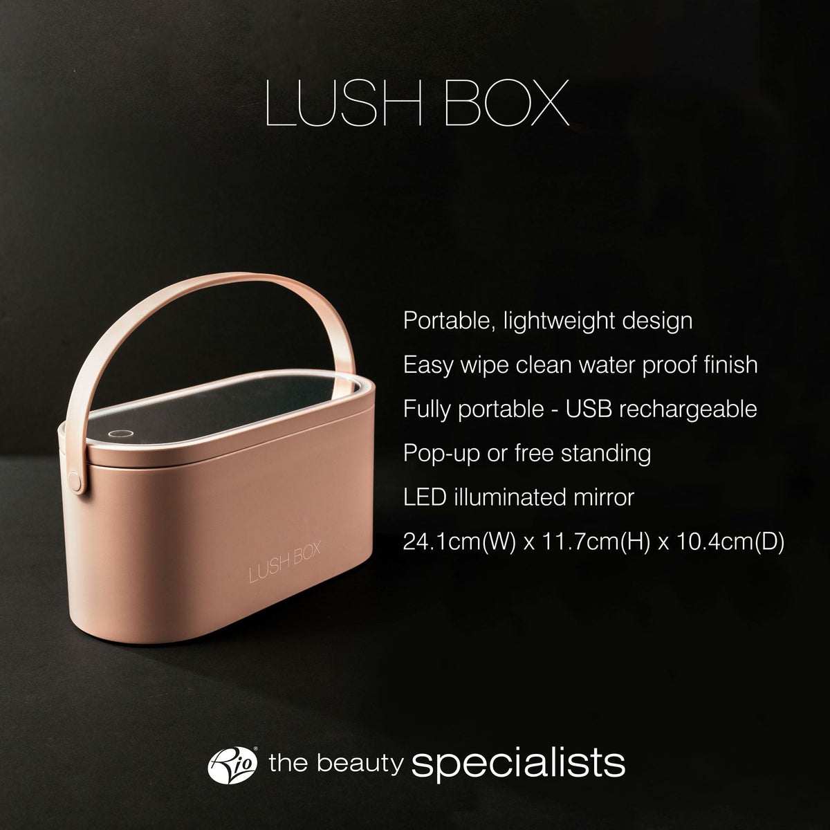 The Rio Lush Box Vanity Case in pink features a handle, mirrored LED lid, portable waterproof design, and USB rechargeability. Displayed against a dark background. Dimensions: 24.1x11.7x10.4 cm.