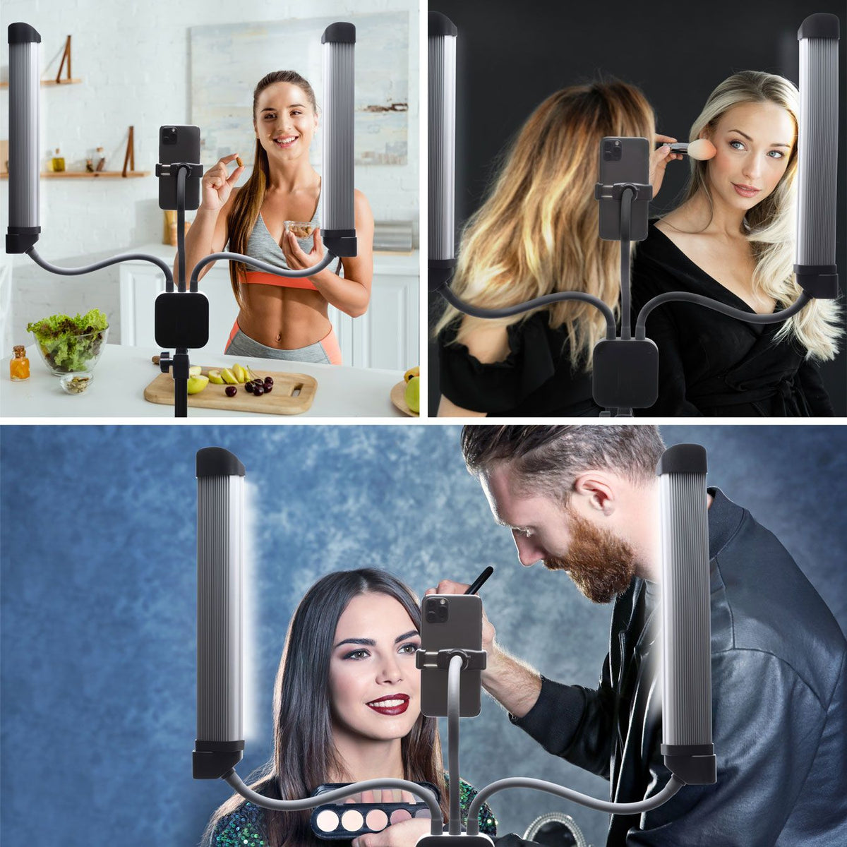 A collage of three images shows people using Rio Professional Twin LED Strip Lights with smartphones. Makeup artists apply makeup or record content, illuminated by the bright LED strips, in both casual and professional settings.