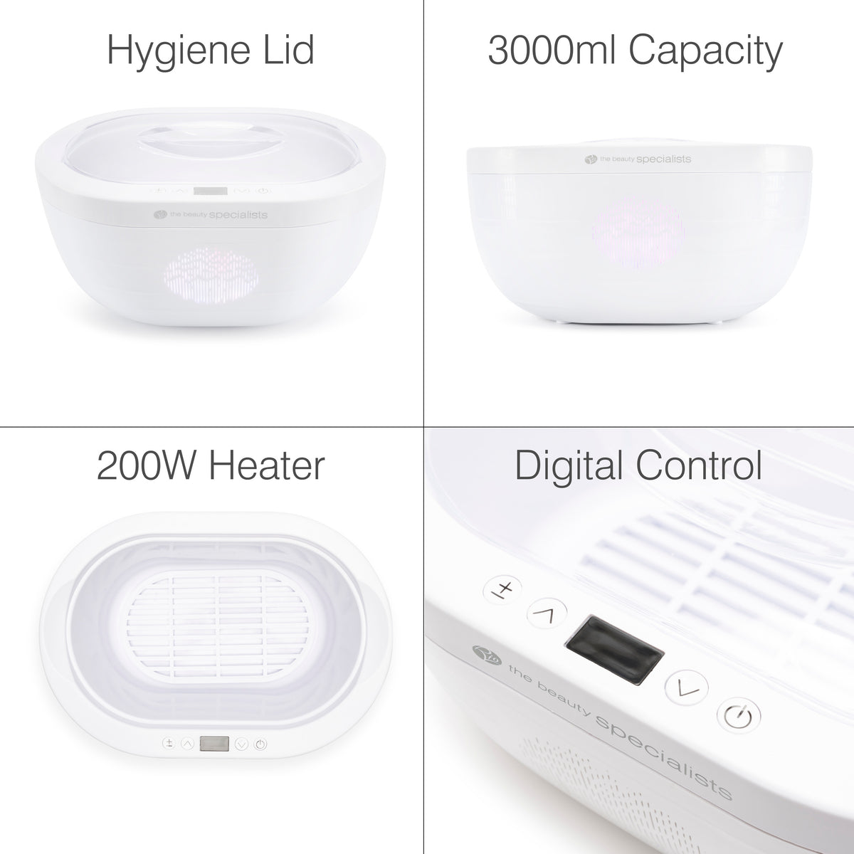 The Rio Paraffin Wax Heater in white features a hygiene lid, 3000ml capacity, 200W power, and a digital control panel for comfort and skin hydration. Multiple angles display its labeled features.