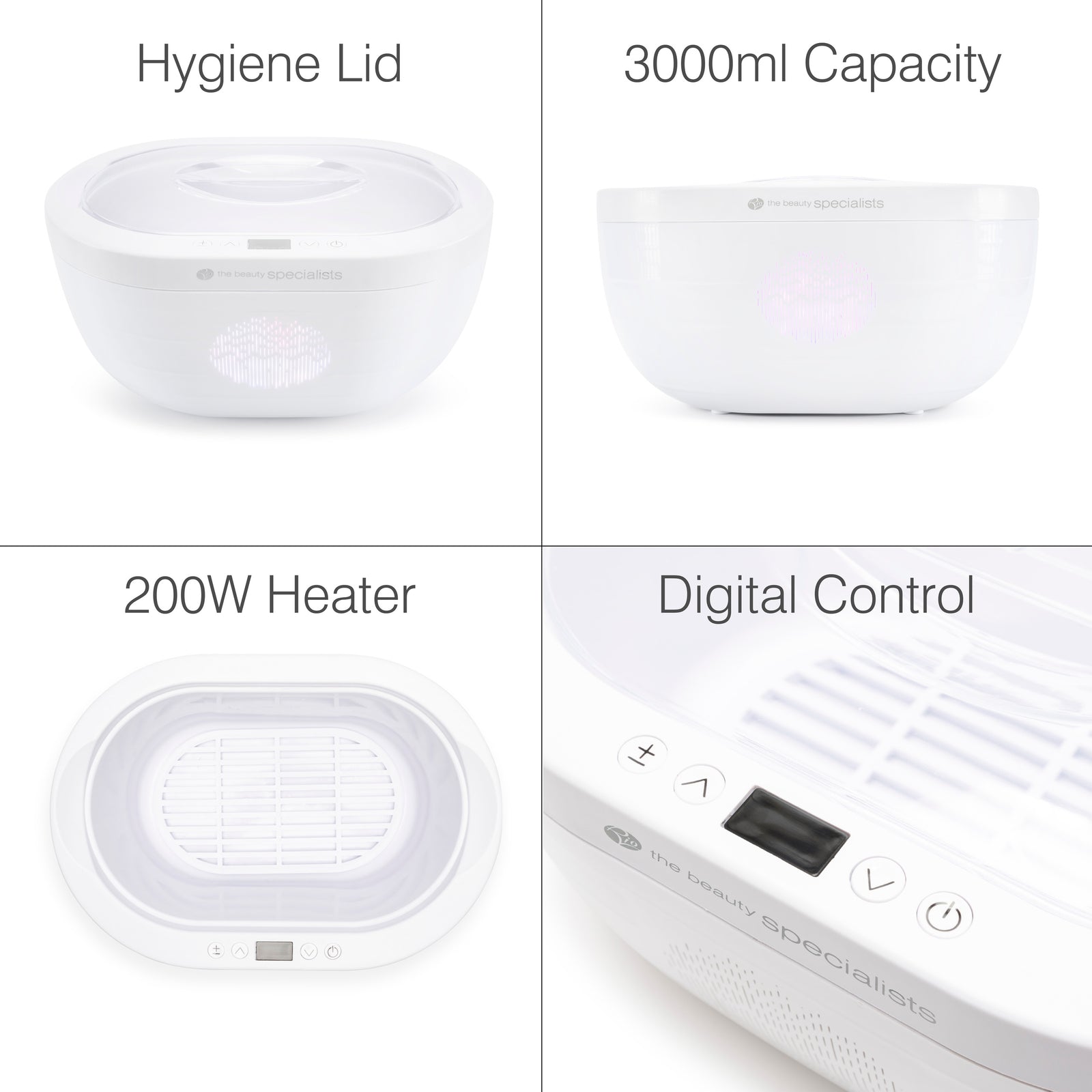 The Rio Paraffin Wax Heater in white features a hygiene lid, 3000ml capacity, 200W power, and a digital control panel for comfort and skin hydration. Multiple angles display its labeled features.