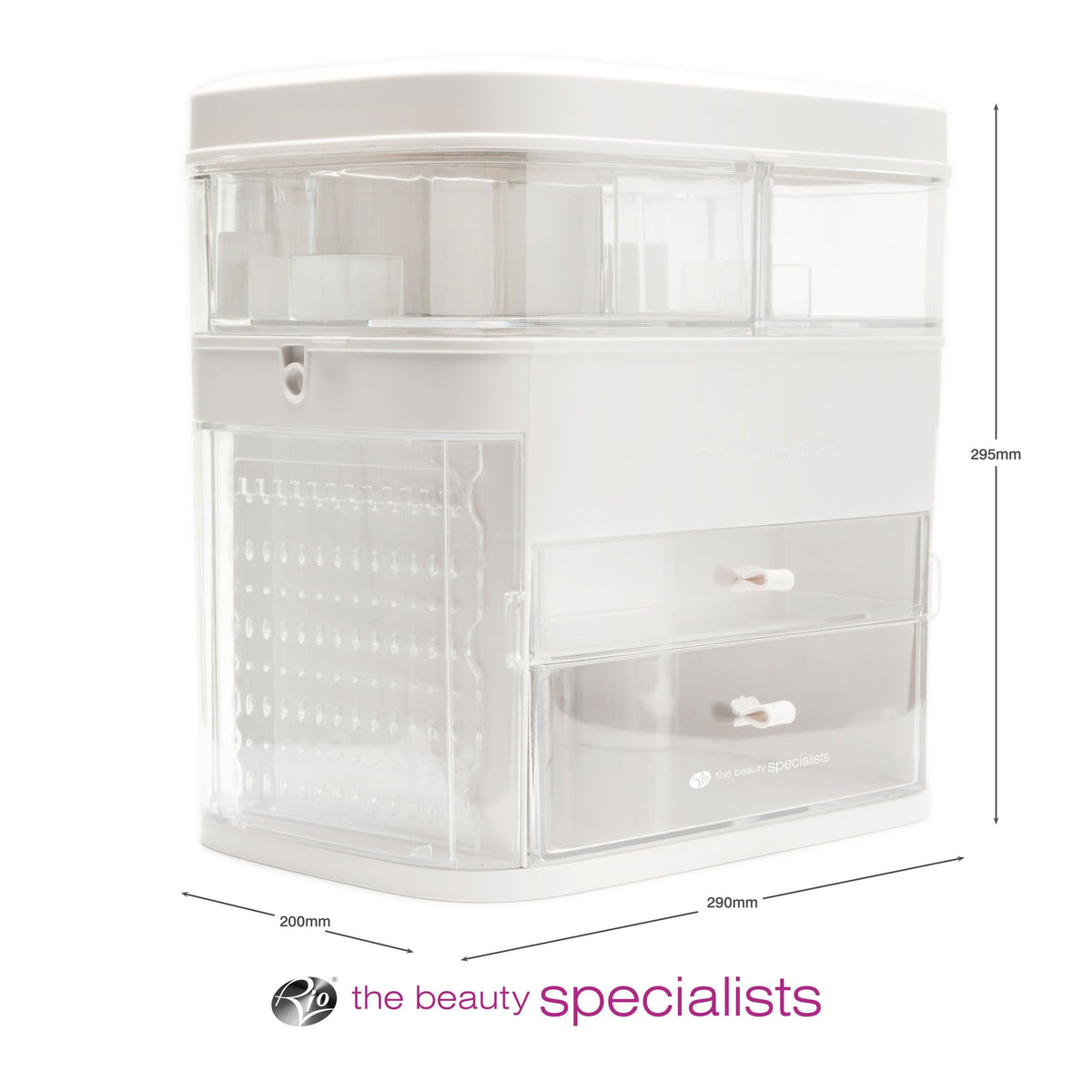 The Rio Ultimate Beauty Storage Box With Dimmable Mirror features compartments, drawers, a side panel, and measures 295mm x 290mm x 200mm—perfect as a portable organizer for your vanity. Brand logo shown at the bottom.