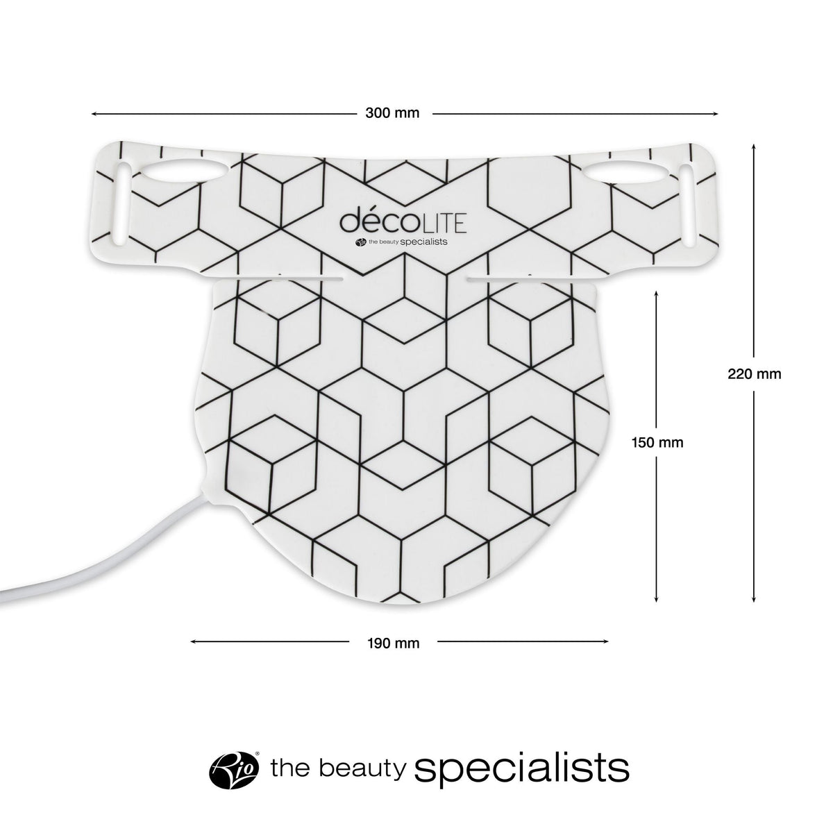 Dimensions of the decoLITE LED light soft-fit mask - 300mm wide x 220mm high.