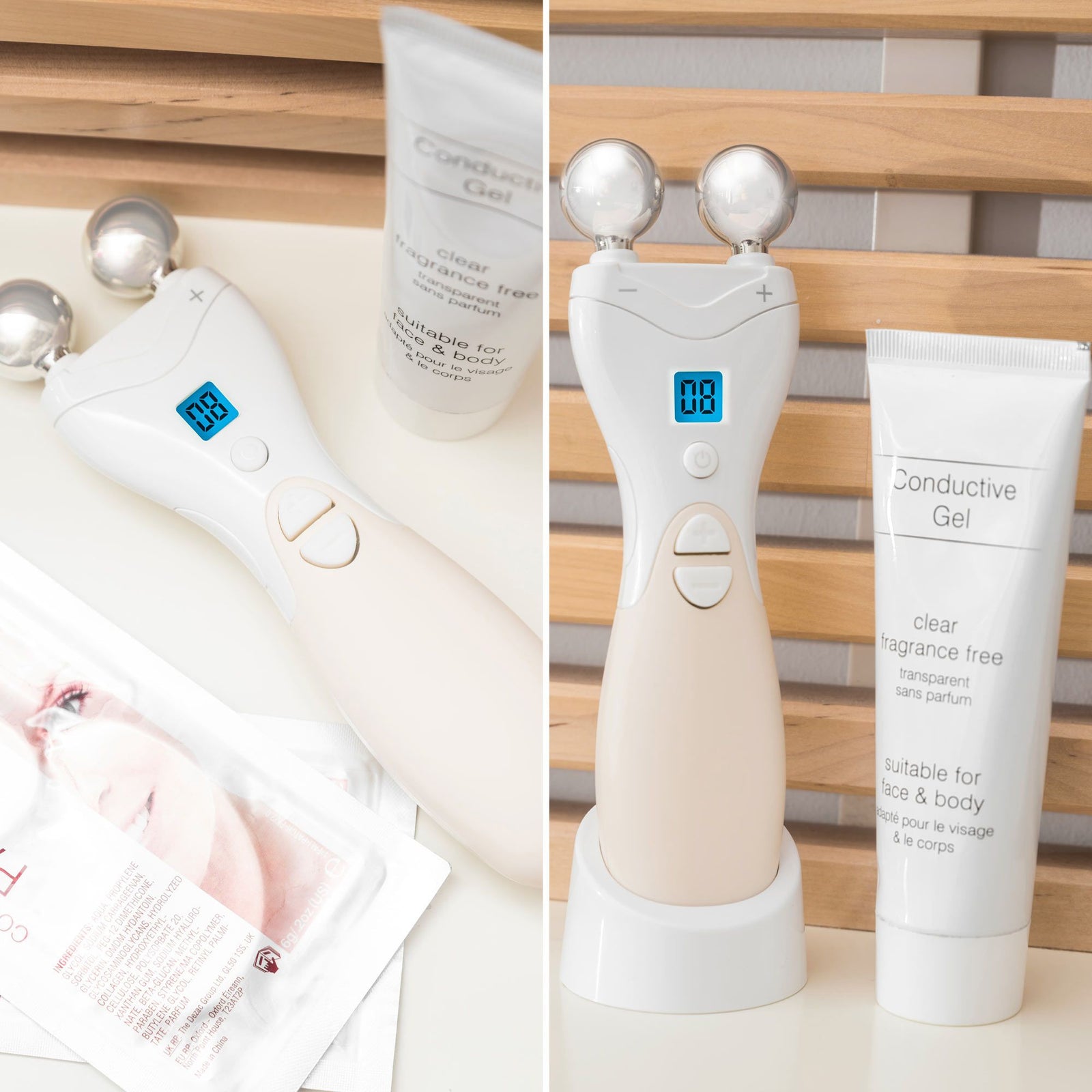 splitscreen collage Rio lift plus 60 second face lift laid on flat surface with 85ml white tube of clear fragrance free conductive gel suitable for face and body and individual sachets of collagen and retinol treatment patches alongside Rio lidt plus 60 second face lift unit stood up in stand with 85ml white tube of clear fragrance free conductive gel suitable for face and body 