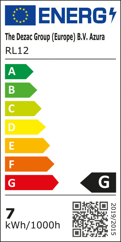 EU energy label for Rio Studio RGB Beauty Ring Light. Rated G (least efficient), uses 7 kWh/1000h. Coloured arrows show efficiency from A (green) to G (red). Includes QR code.
