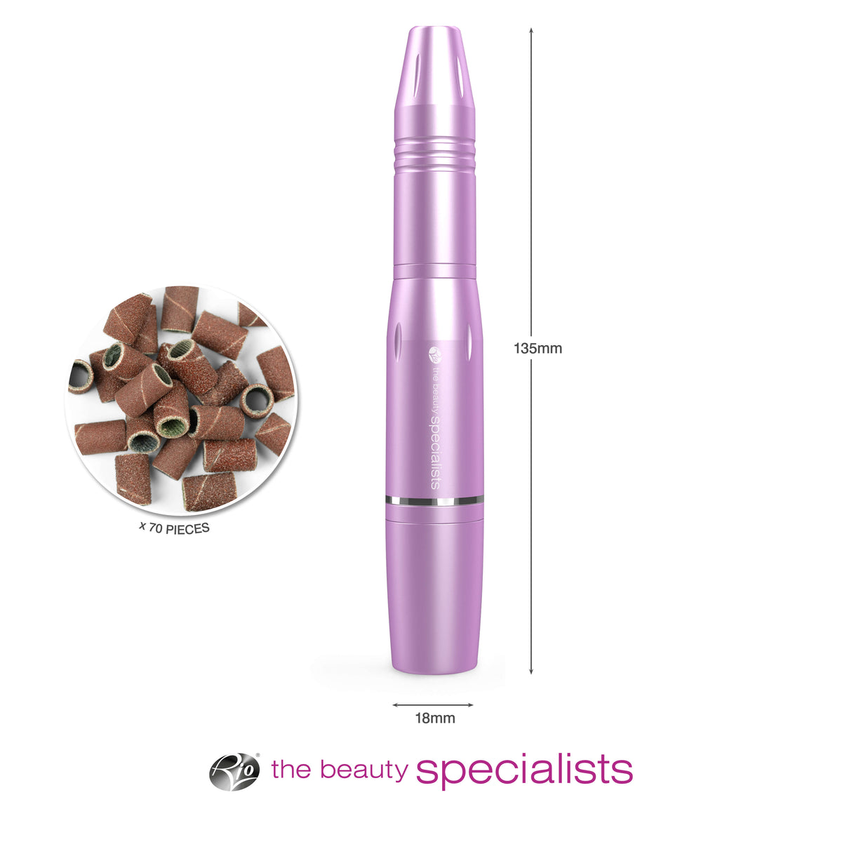 professional electric nail file with arrows labelling the height 135mm and width 18mm and hot spot image of mandrel sanding bands captioned x70 pieces