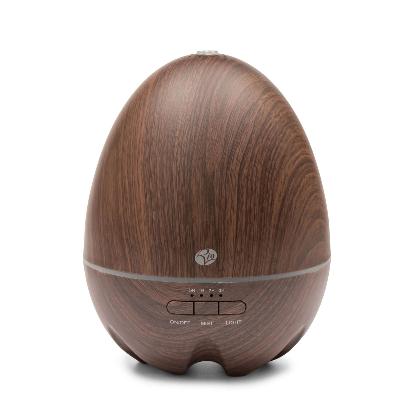 The Rio ARIA Aroma Diffuser Humidifier and Nightlight features a dark wood-grain, egg-shaped design with easy-access front buttons for on/off, mist, and light—perfect for relaxation and décor.