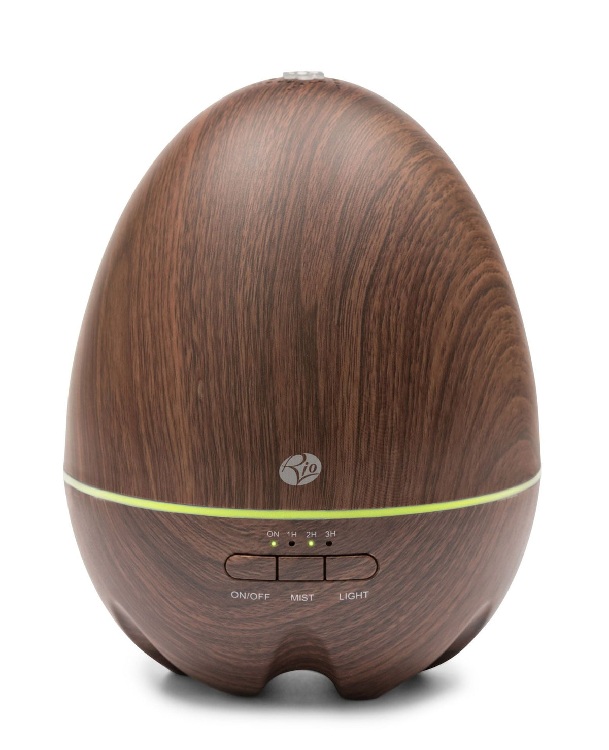 The Rio ARIA Aroma Diffuser Humidifier and Nightlight features a dark wood-grain, egg-shaped design with power, mist, and light controls plus an LED strip—perfect for relaxation and enhancing your décor.