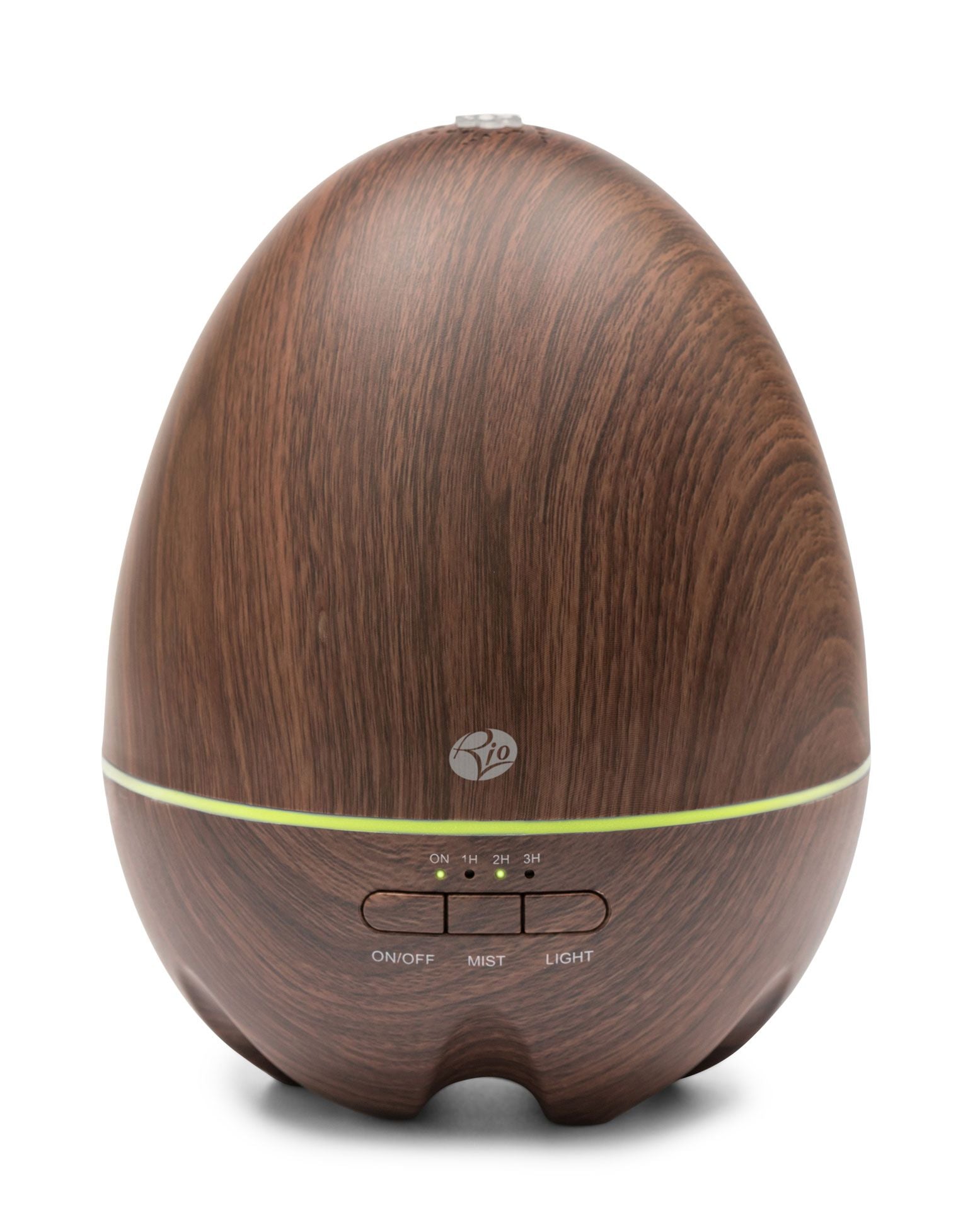 The Rio ARIA Aroma Diffuser Humidifier and Nightlight features a dark wood-grain, egg-shaped design with power, mist, and light controls plus an LED strip—perfect for relaxation and enhancing your décor.
