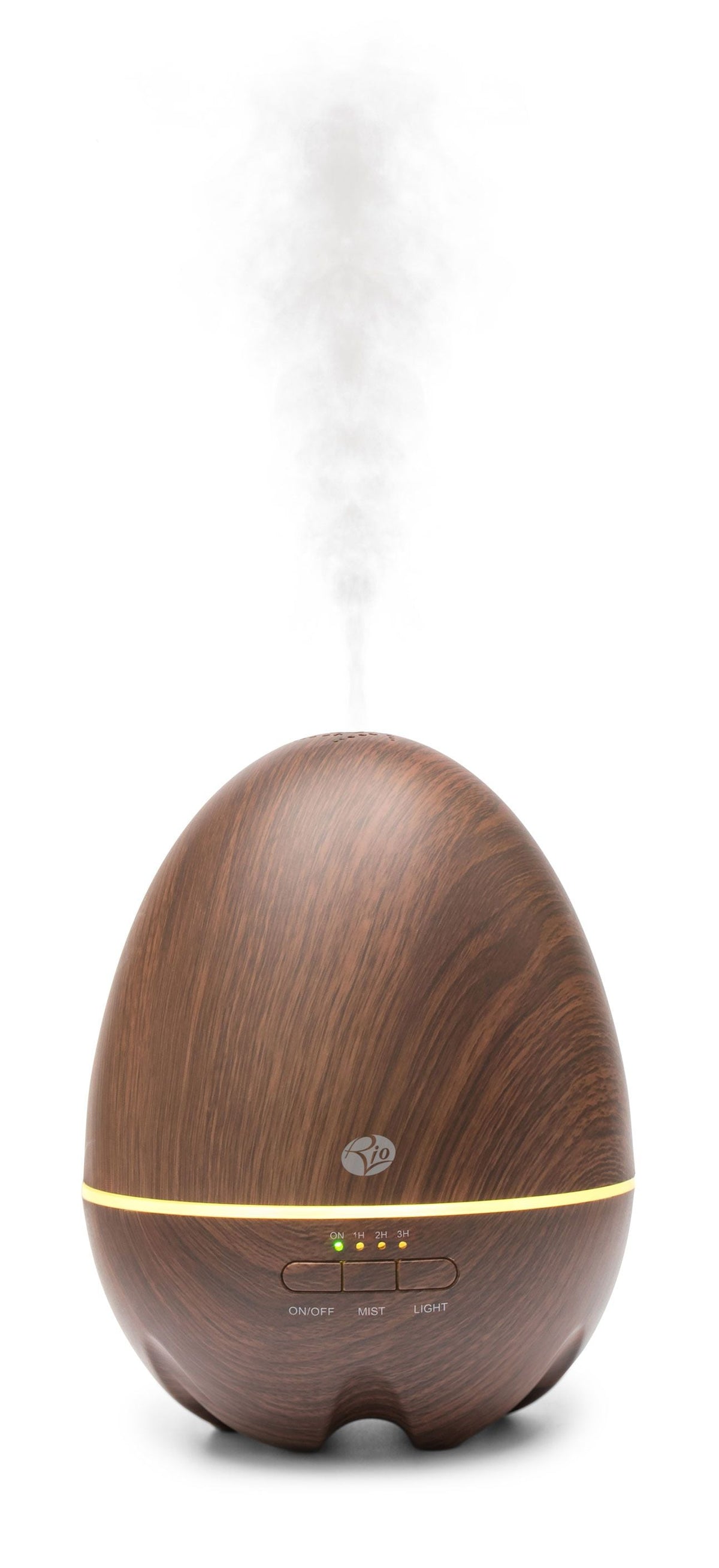 The Rio ARIA Aroma Diffuser Humidifier and Nightlight features an oval wood-grain design with front control buttons labeled On/Off, Mist, and Light, emitting a soothing mist—perfect for relaxation and home décor.