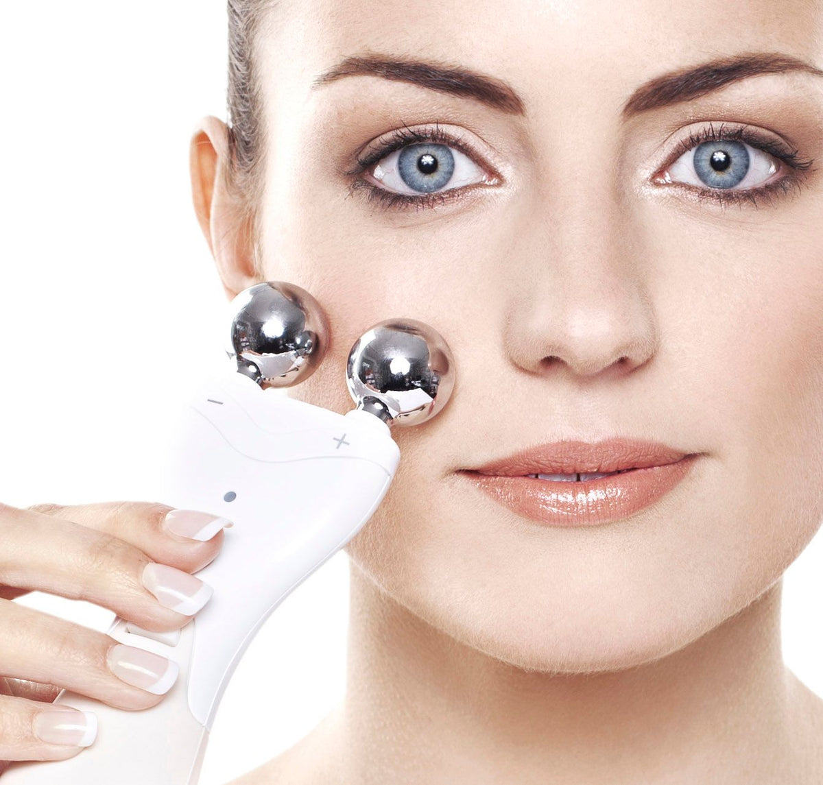 close up of lady using 60 second face lift on her cheek bone 