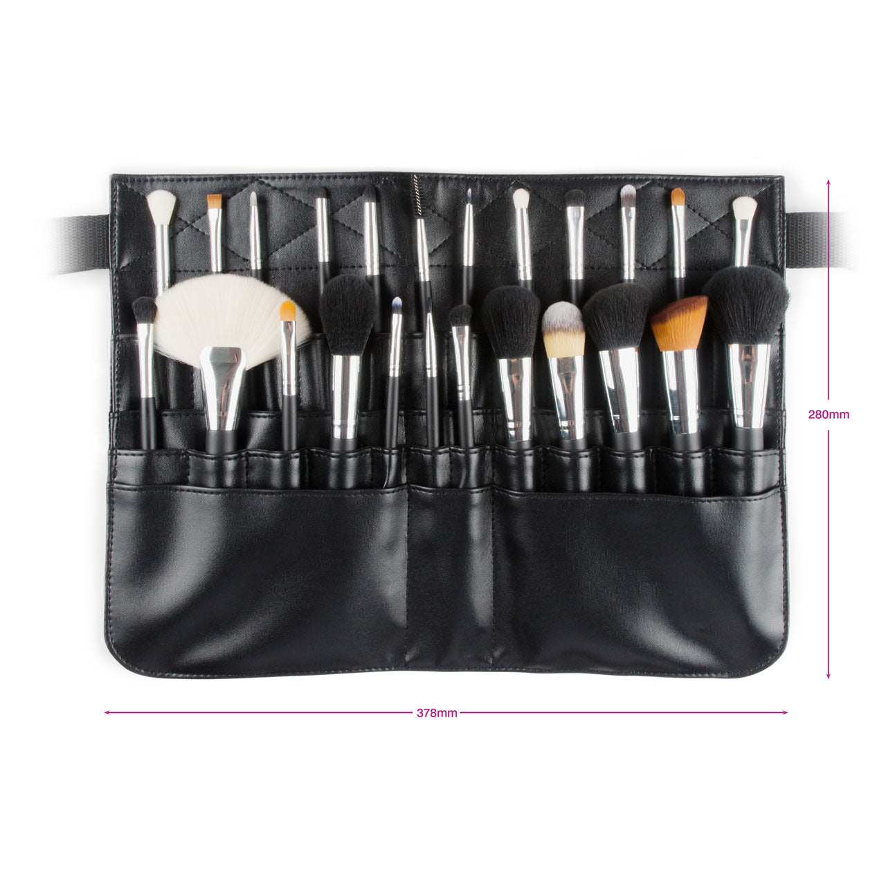 The Rio PROFESSIONAL SALON MAKEUP BRUSH COLLECTION & BELT features a black leather belt (378mm x 280mm) holding 24 salon-quality brushes in various shapes and sizes—stylish and perfect for organizing your makeup tools.