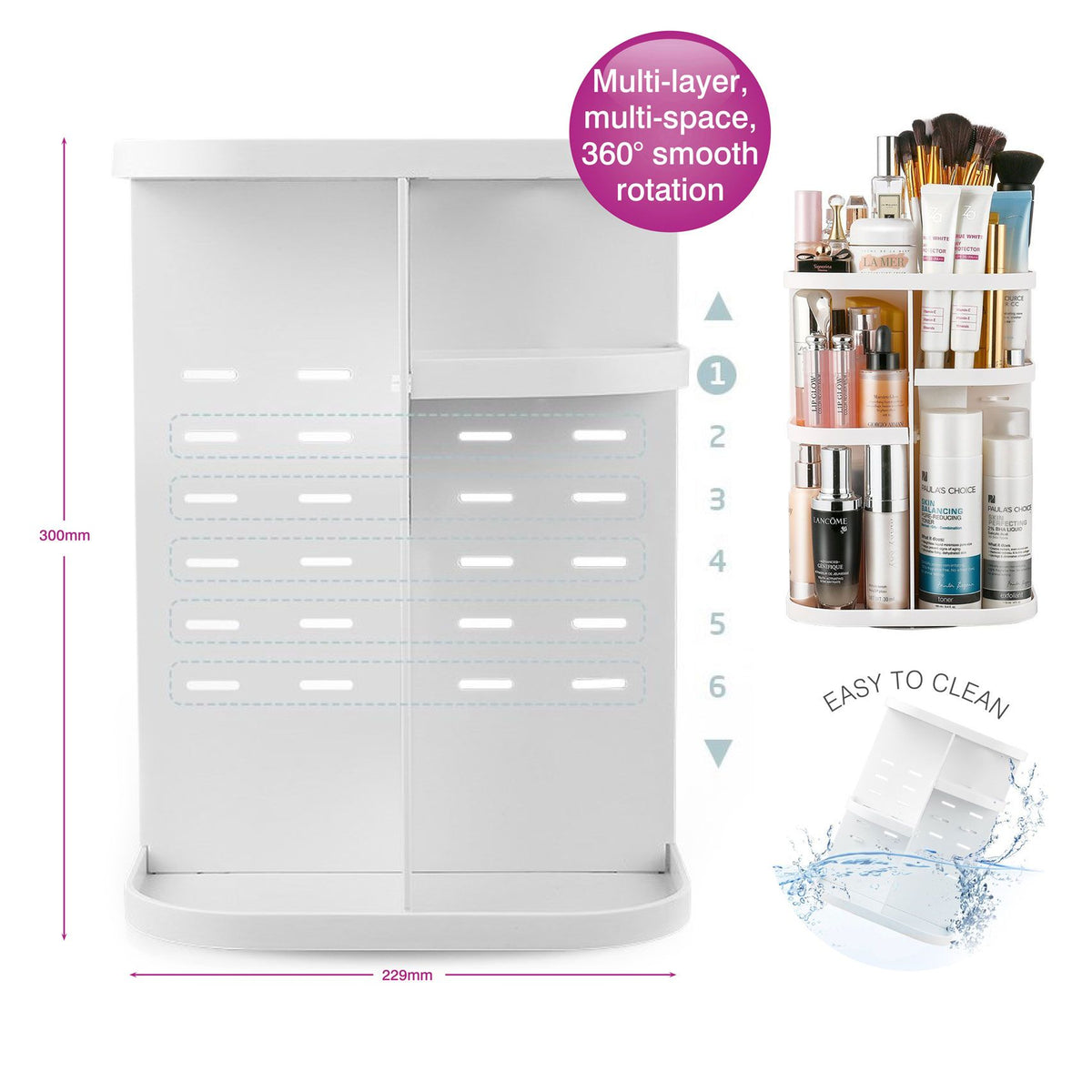 The Rio Cosmetic & Brush Storage Carousel features compartments for cosmetics and brushes, 360° rotation for easy access, and easy-to-clean surfaces. Inset images show its versatile use and compact dimensions for organized beauty storage.