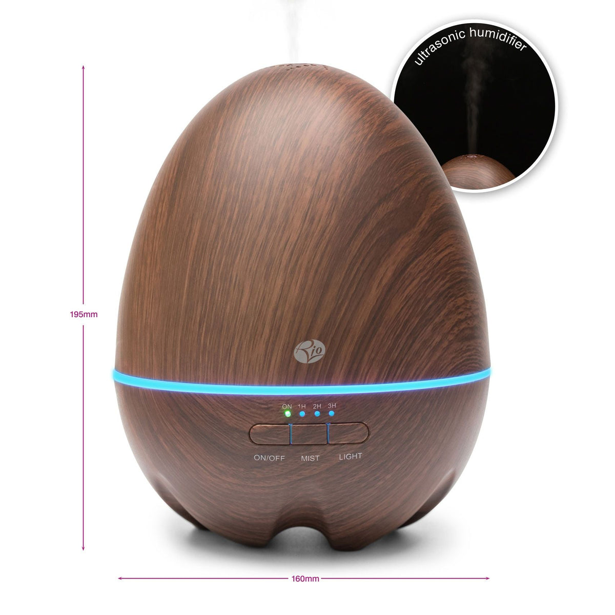 The Rio ARIA Aroma Diffuser Humidifier and Nightlight features an egg-shaped wood-grain design, blue LED band, control buttons, and indicator lights. Measuring 195mm x 160mm, it enhances relaxation and décor with visible mist output.