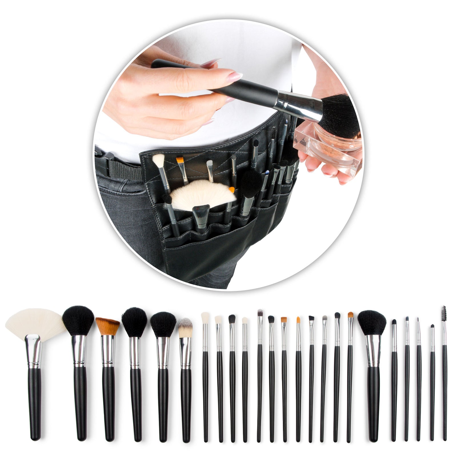 A circular inset features someone using the Rio PROFESSIONAL SALON MAKEUP BRUSH COLLECTION & BELT, with salon brushes around their waist. Below, all 24 Rio brushes are neatly arranged to display the full collection.