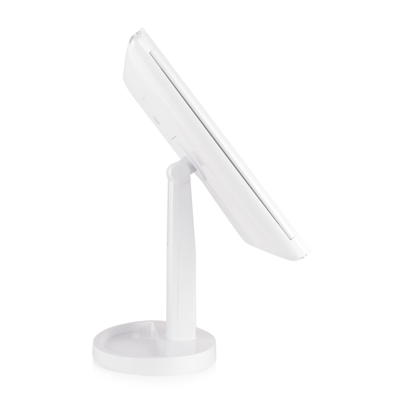 sideview of rear view of Full size LED make up mirror tiled back at almost 180 degree angle